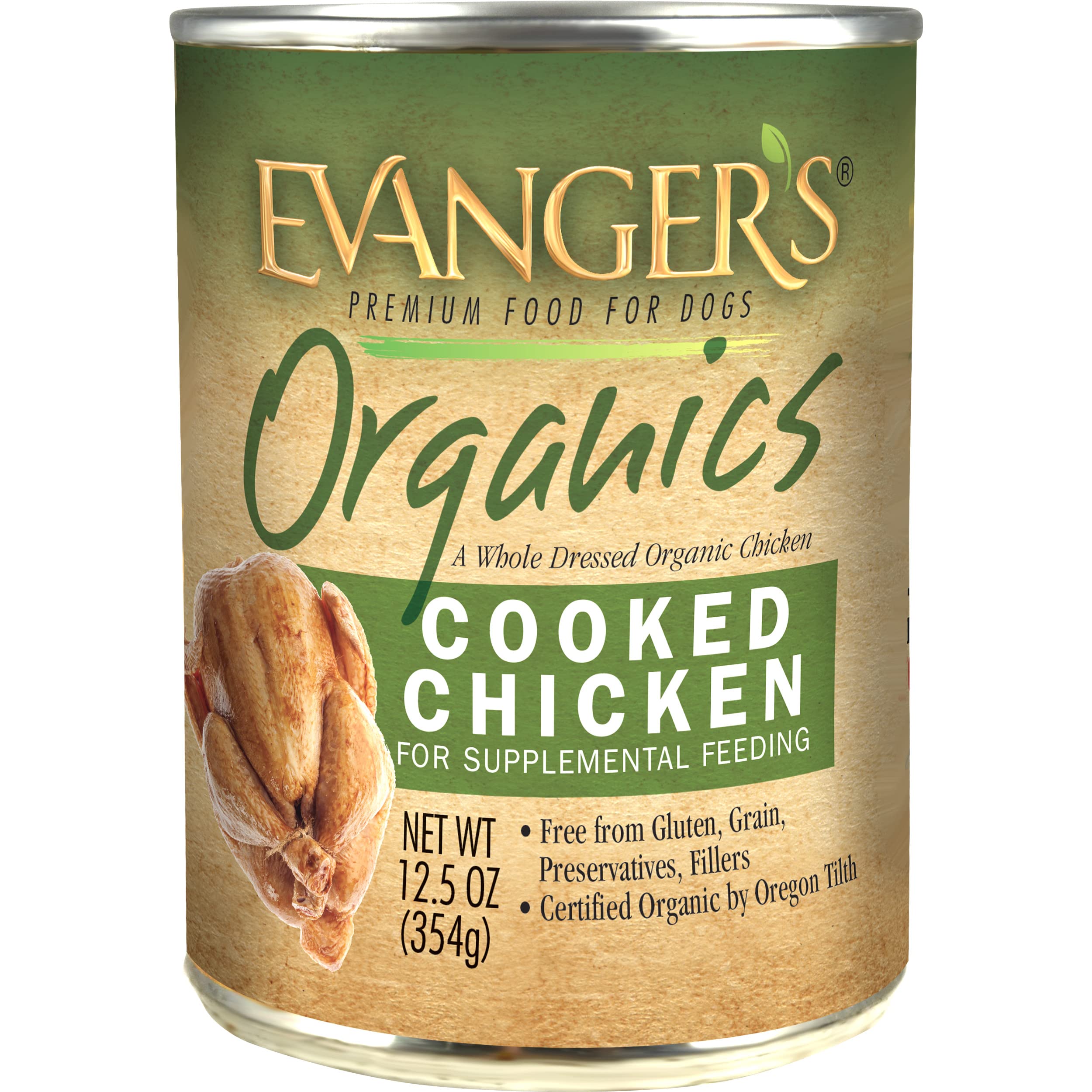 Evanger's Grain Free Organic 100-Percent Cooked Chicken for Dogs, 12.5 Ounce Can (Pack of 12)