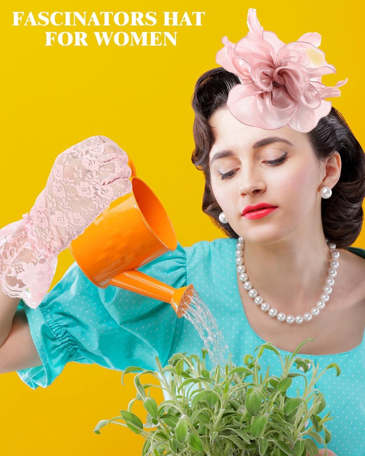 6 Sets Fascinators Hats for Women Tea Party Hat with Veil and Lace Gloves and Bead Necklaces for Vintage Party - Image 5