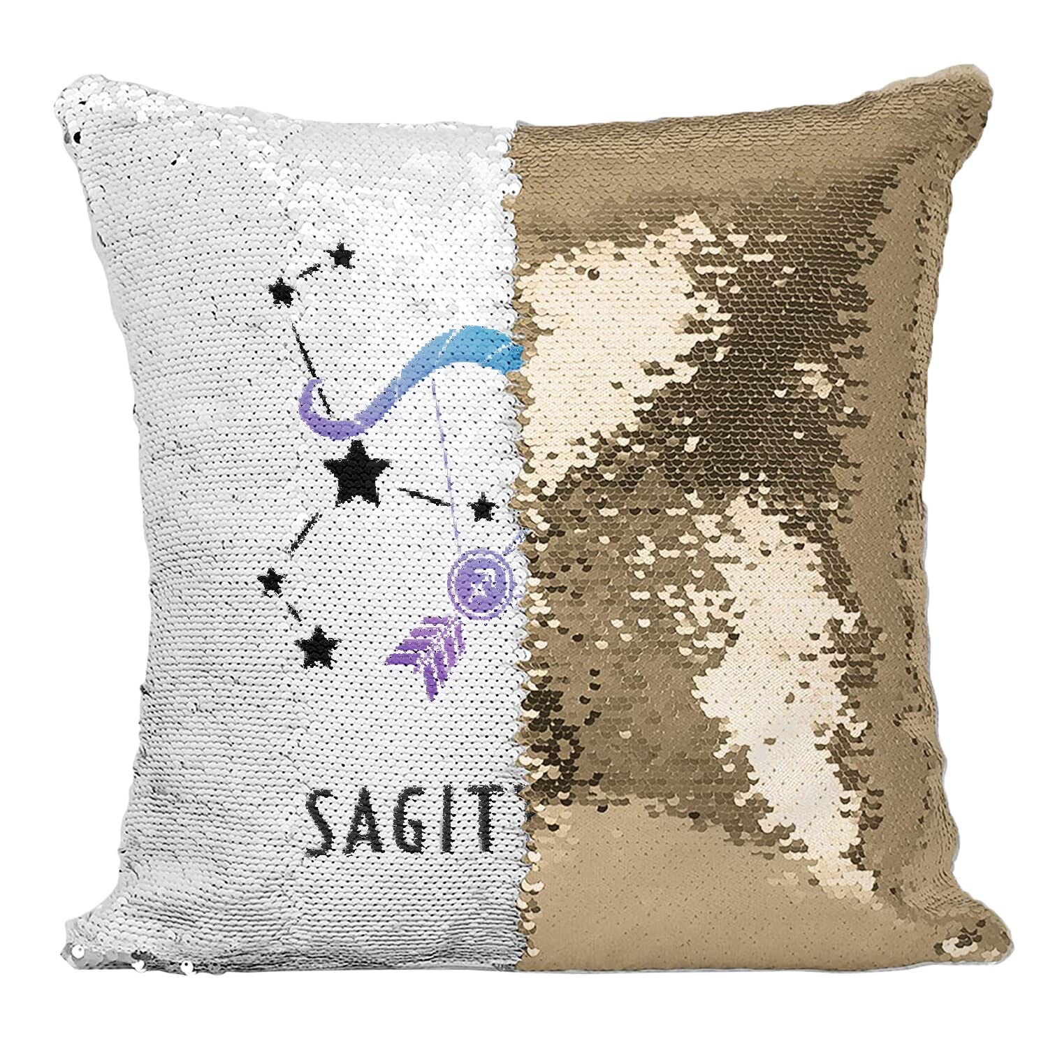 Coussin Sagittaire sequin pour raviver un canapé terne avec une touche solaire dorée