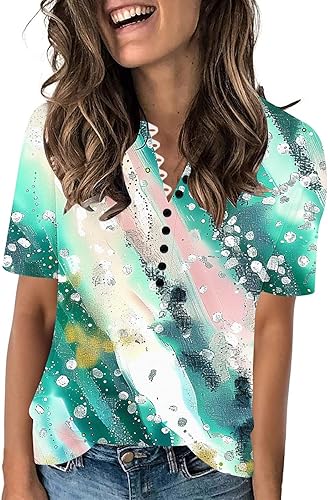 Miniatura 5 de Camisas de verano para mujer, talla grande, manga corta, estilo Henley, estampado floral, con mármol, holgada, estilo casual, túnica elegante