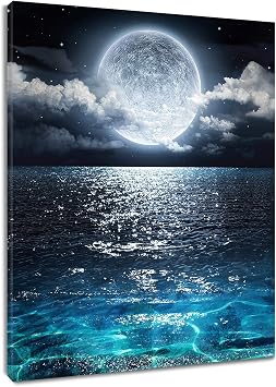 LB Framed Moon Over Ocean Canvas Wall Art Night Sky Full Moon White Cloud Painting Prints Wall Decor for Living Room Bedroom Bathroom Home Decor Ready to Hang,8x10 inches