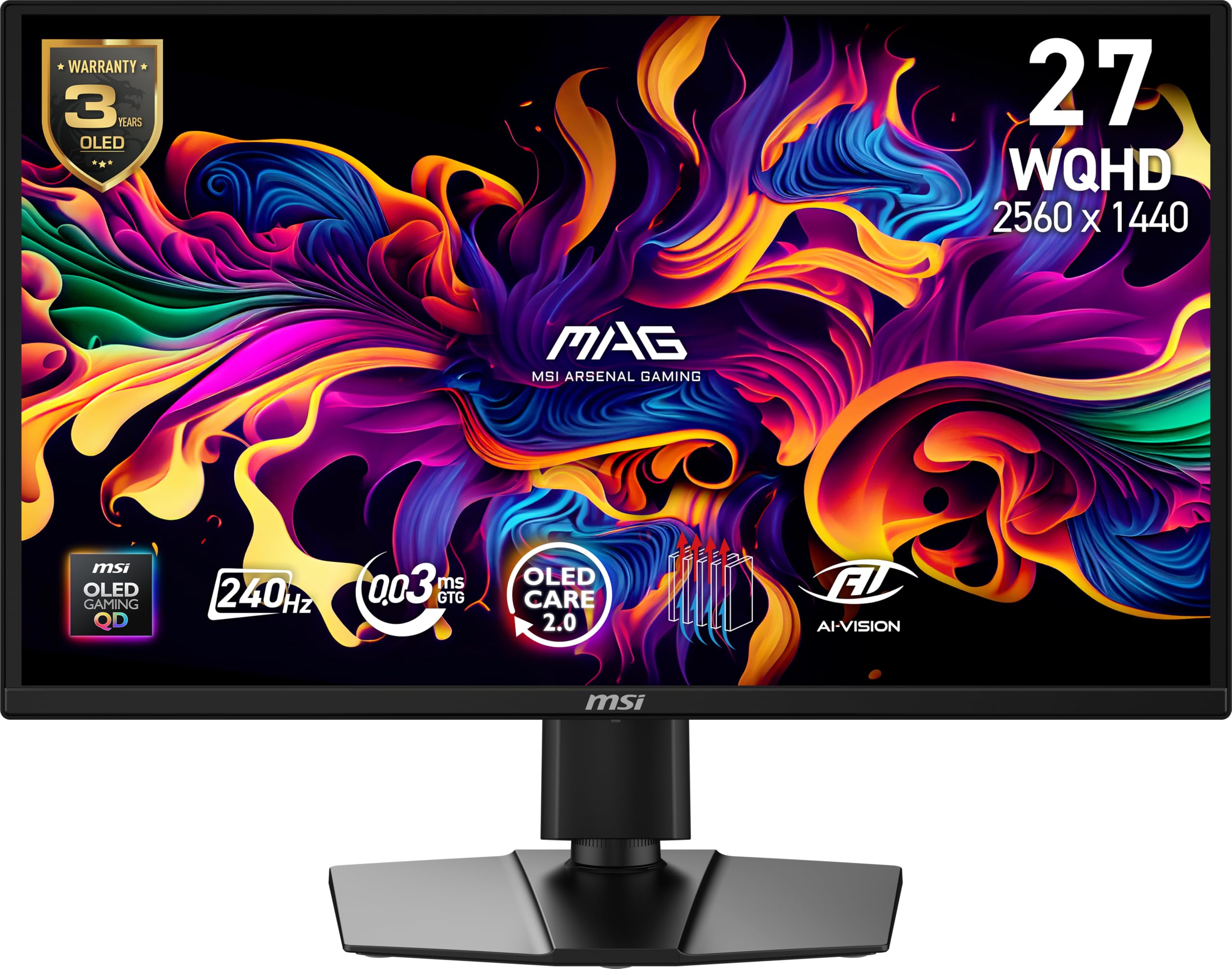 msi MAG 272QP QD-OLED X24 27-inch 2560 x 1440 (QHD) Gaming Monitor, 240Hz, Adaptive-Sync, HDMI, DisplayPort, VESA Mountable, Tilt, Height Adjustable, Speaker, 0.03ms, Black