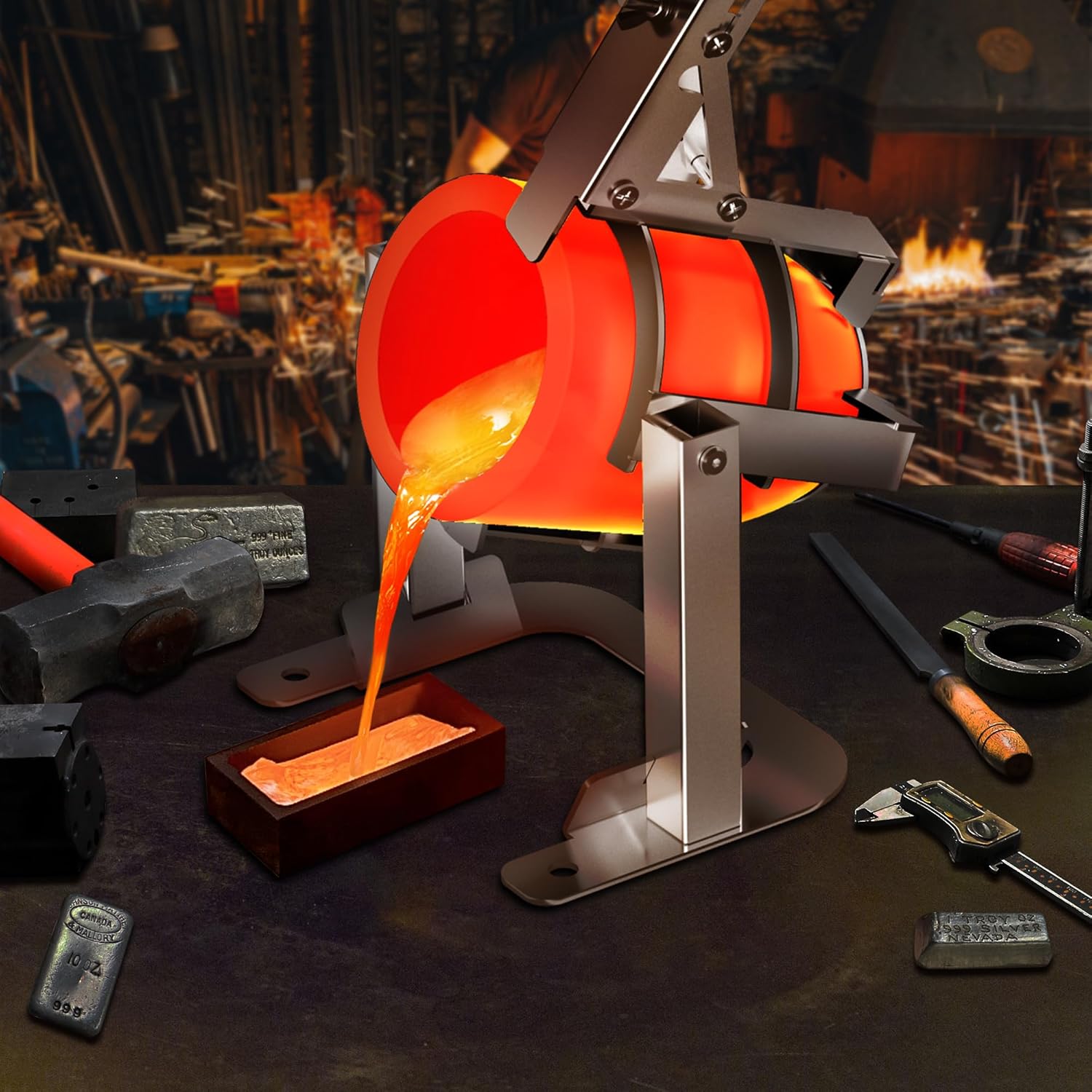 Nelyrho Hand-held Crucible Pouring Tongs with A Graphite Crucible and A Pouring Rack, Work with Crucibles and Melting Furnace, Metal Casting Aluminium Copper Silver #25 (25kg-55lbs)