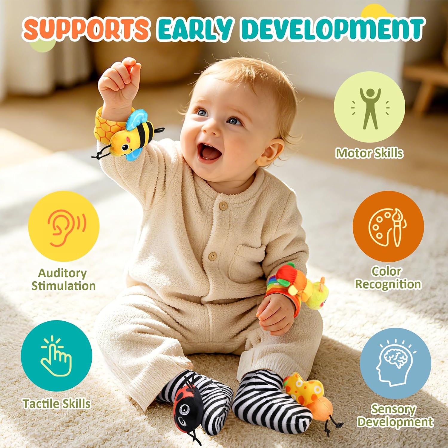 Baby Toys 0-6 6-12 Months, Baby Wrist Rattle Socks and Foot Finder Set image 3