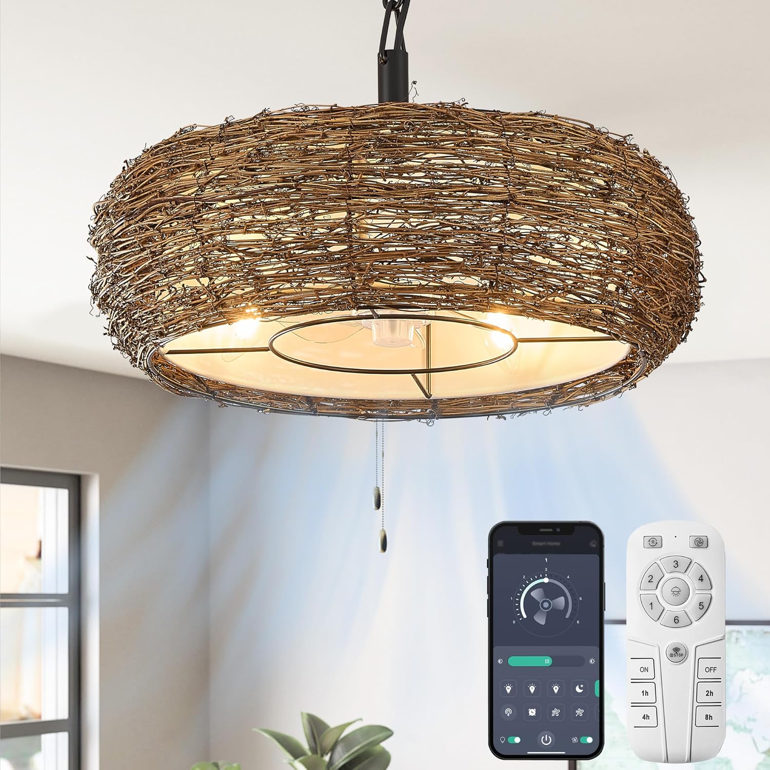 Boho Rattan Chandelier Ceiling Fan, Hand Woven Farmhouse Caged Ceiling Fan Chandelier, Height Adjustable Farmhouse Light Fixture for Dining Room Bedroom Living Room Kitchen Island Brown