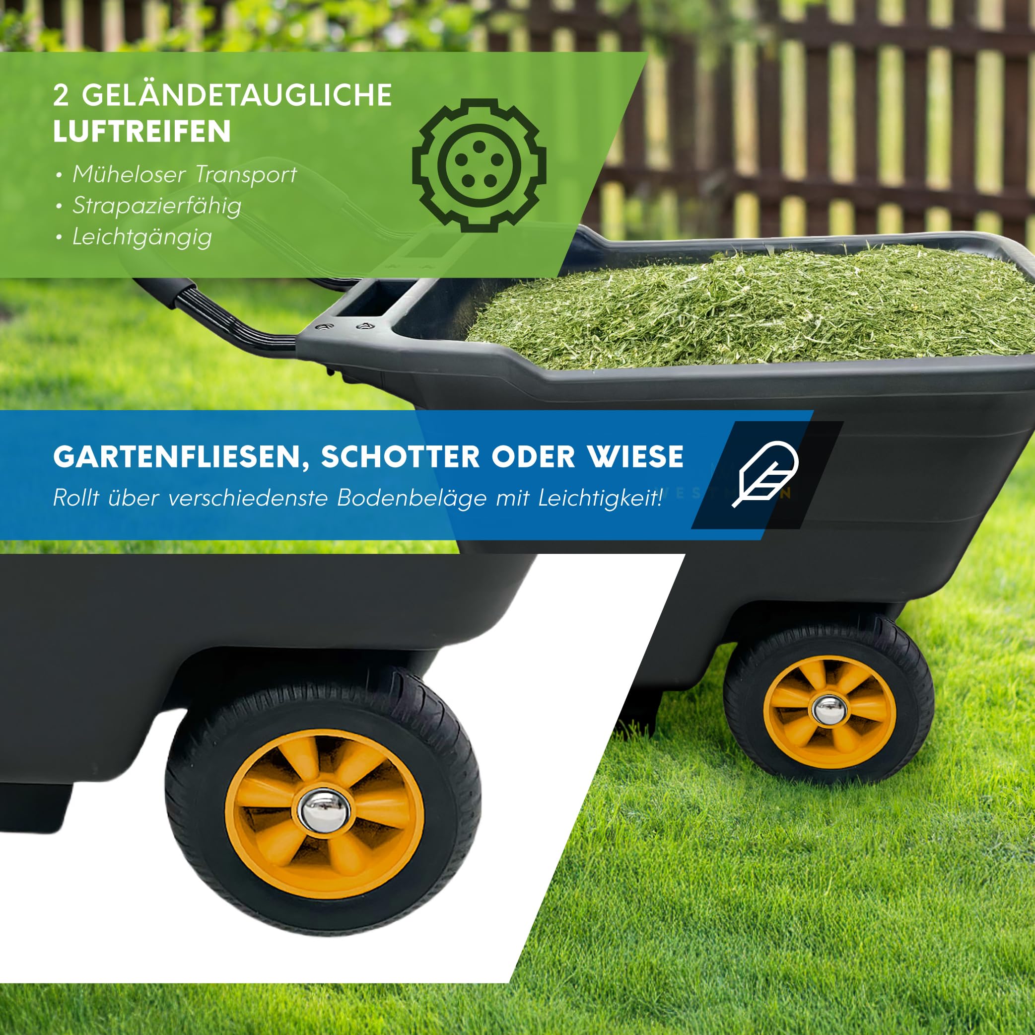 Westmann Prakta S Schubkarre | Kunststoffwanne mit Stahlrahmen | Luftreifen & Kippfunktion | 90 L | Traglast 150 kg (90 L)