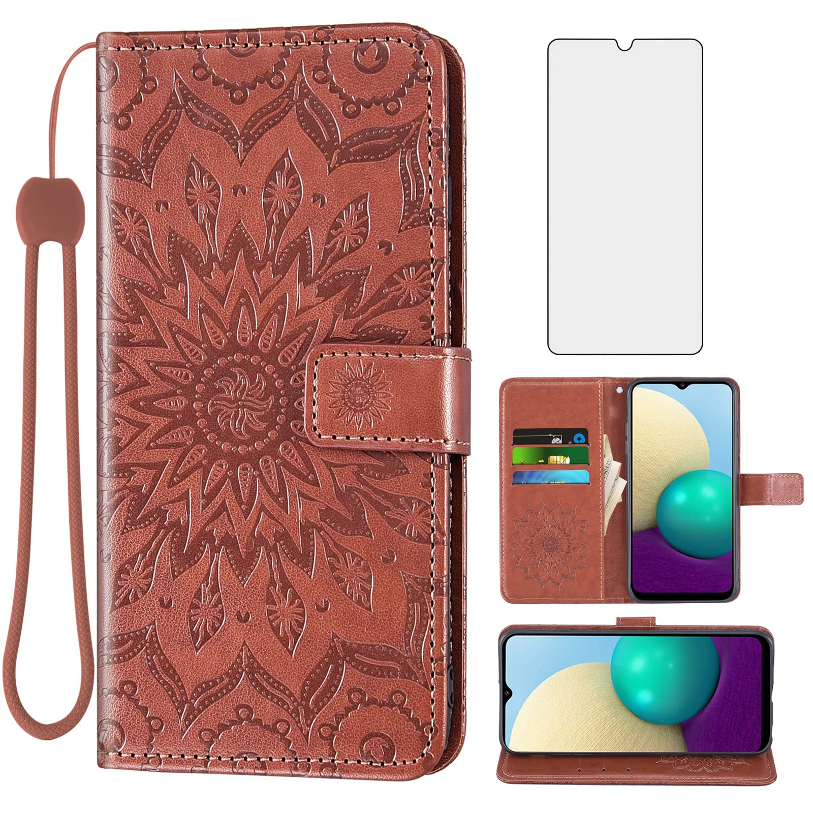 Phone Case for Cricket Ovation 3 / AT&T Motivate Max (U668AA) Wallet with Tempered Glass Screen Protector and Leather Slim Flip Cover Card Holder Stand Cell Accessories ATT Ovation3 Women Men Brown