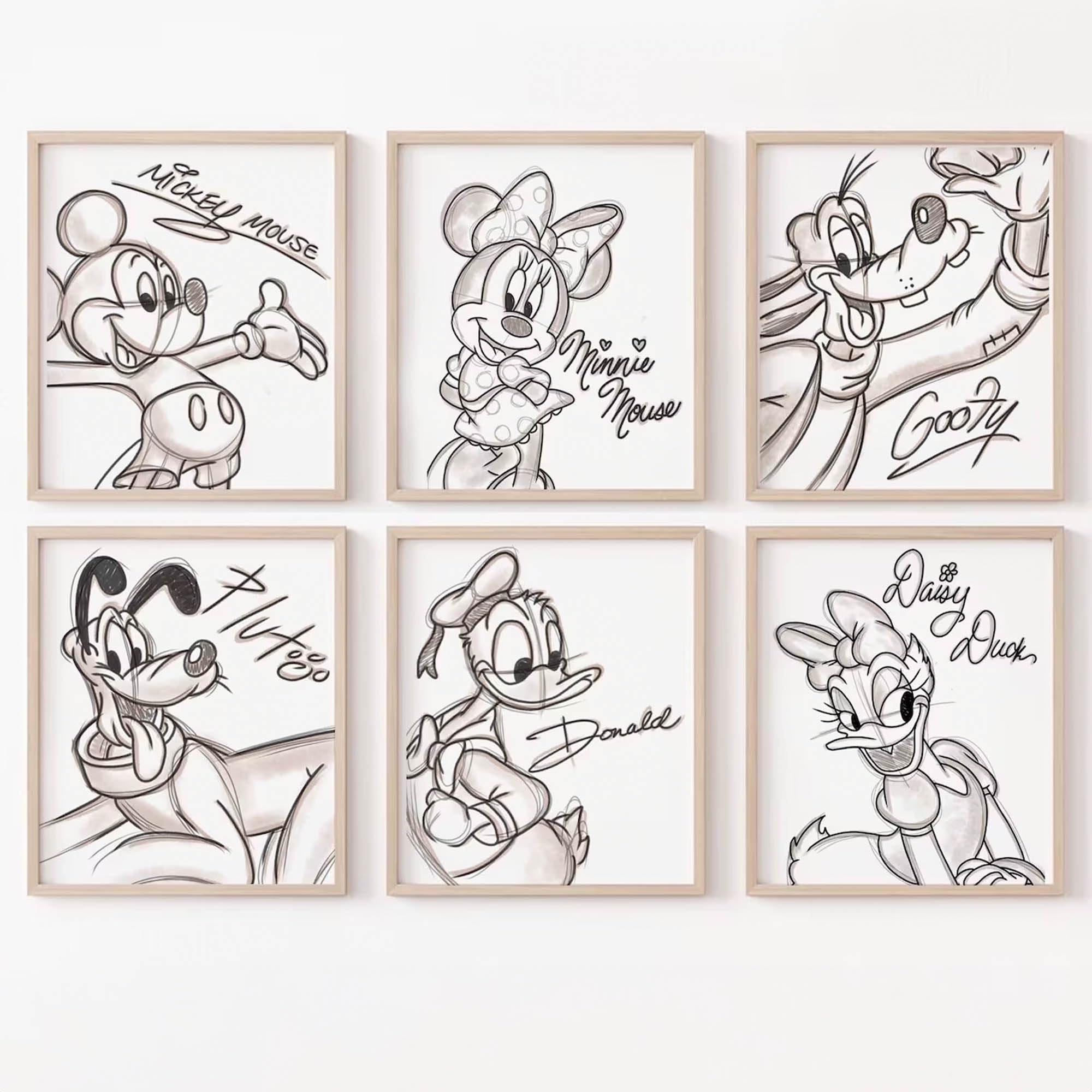 Mickey Mouse and Friends Art Print Set of 6, Sketched Boho Nursery