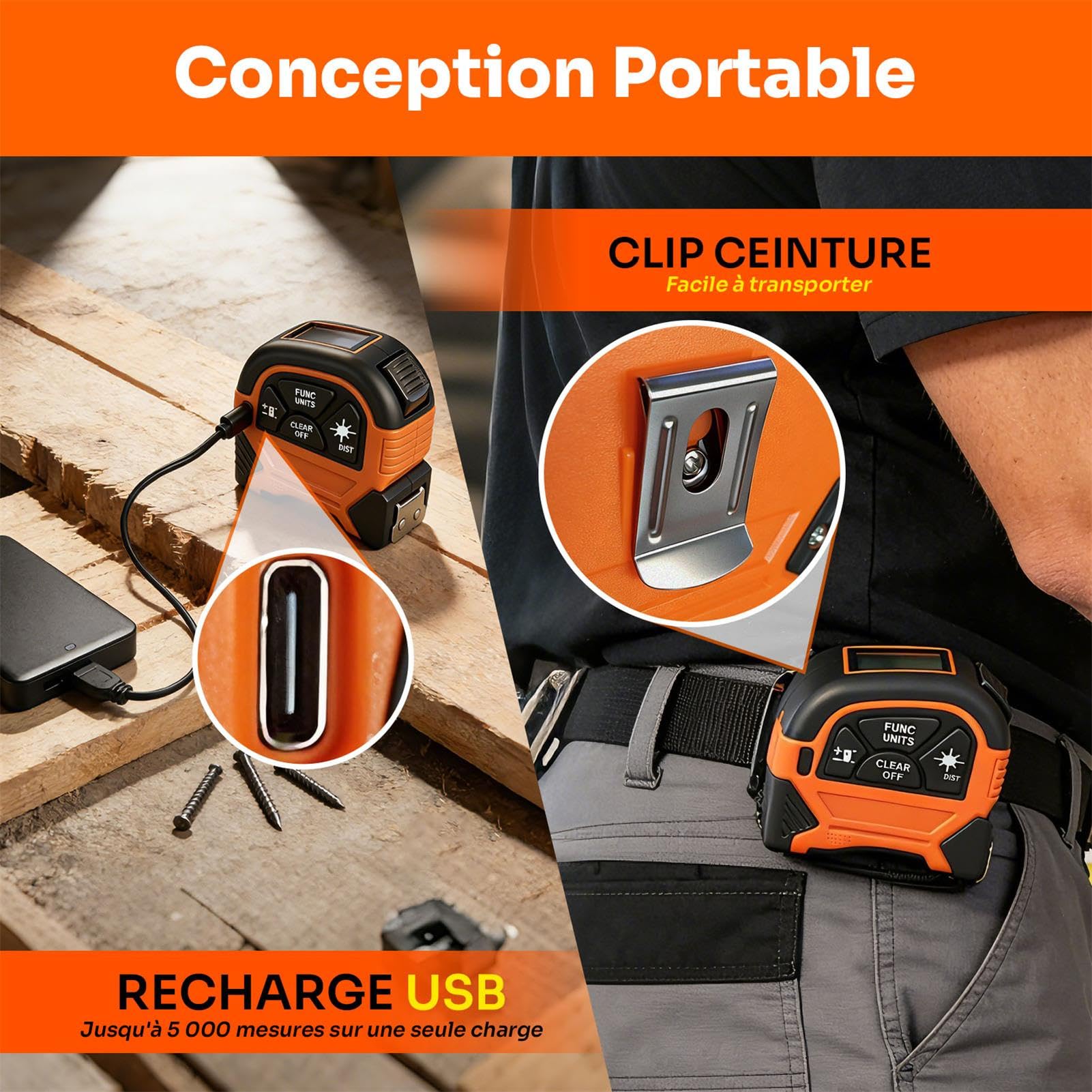 Telemetre Laser 2 en 1, Rechargeable Télémètre Laser 60m & Mètre Ruban 5m, Outil de Mesur avec Crochet Magnétique Mobile - Pythagore, Aire, Volume, Unité à Changement pour Décoration