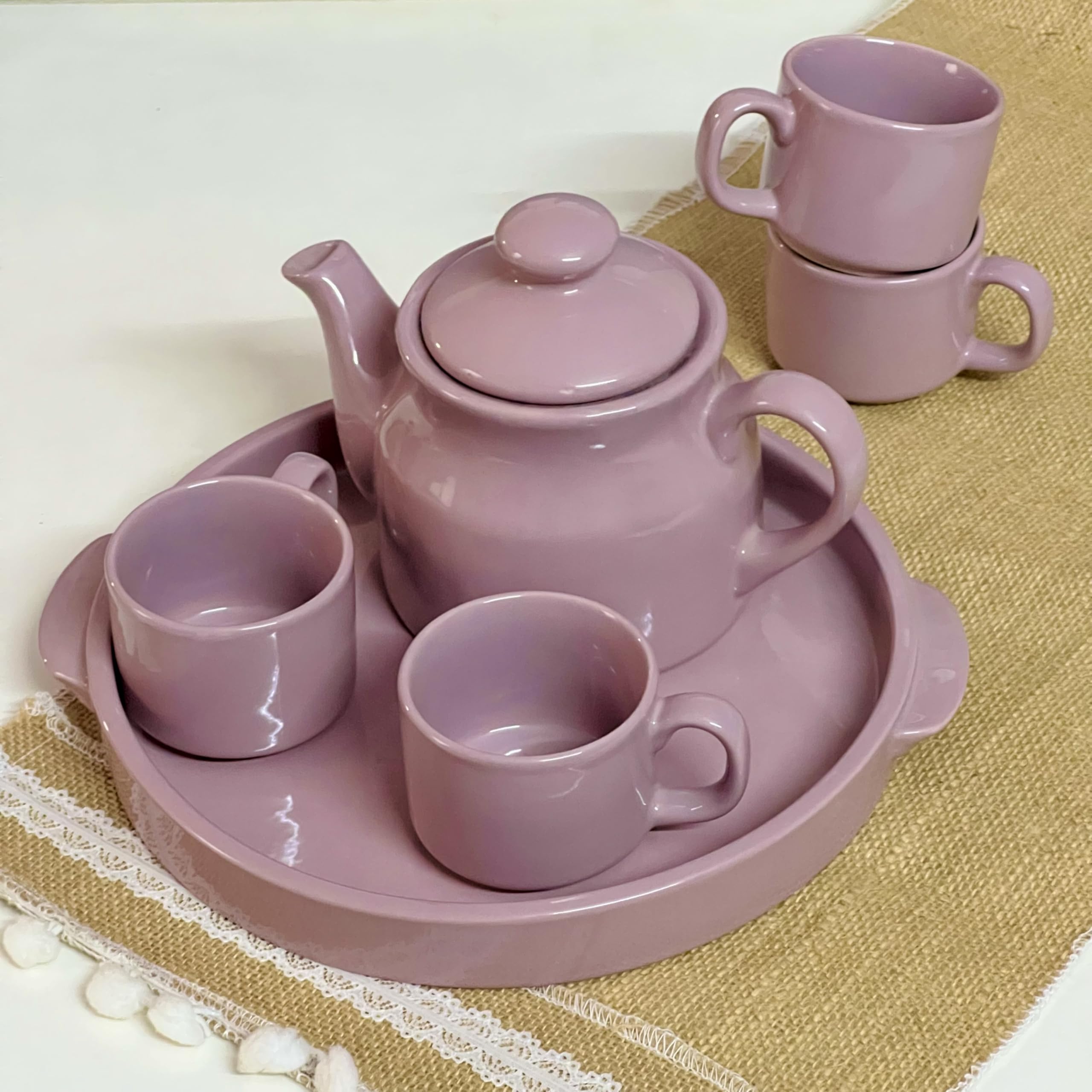 Praahi Lifestyle Tea Cup Set with Kettle & Serving Tray | Ceramic Lavender Color| 4 Cups (150ml), 1 Kettle(700ml), 1 Tray (6 Piece Set) Microwave Safe | Wedding Gift (B0D8BGRLV1) Amazon Price History, Amazon Price Tracker