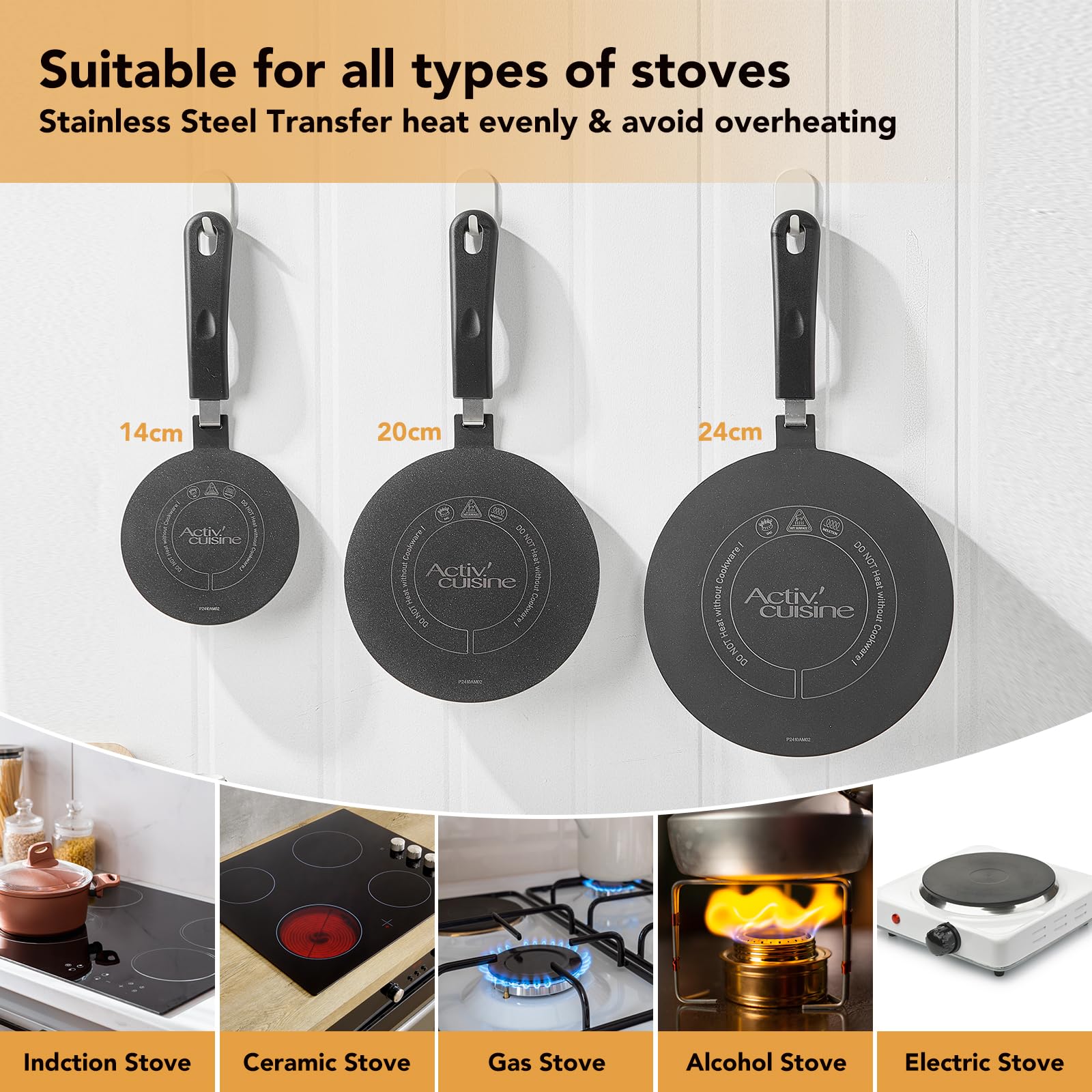 ACTIV CUISINE Adapter indukcyjny z płaskim dyskiem 20 cm ze stali nierdzewnej, z oddzielnym uchwytem i podstawą, dyfuzor indukcyjny Moka do używania ekspresów do kawy, czarny