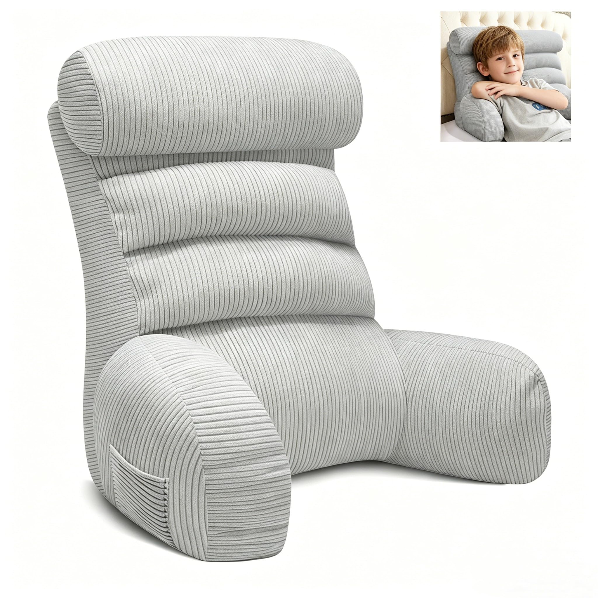 Lesekissen für bett und sofa mit Armlehnen & Abnehmbarer Nackenstütze | 70x40cm Höhenverstellbares Rückenkissen für Bett & Sofa | Reading Pillow Rückenstützkissen zum Lesen,Fernsehen,Entspannen (Grau)