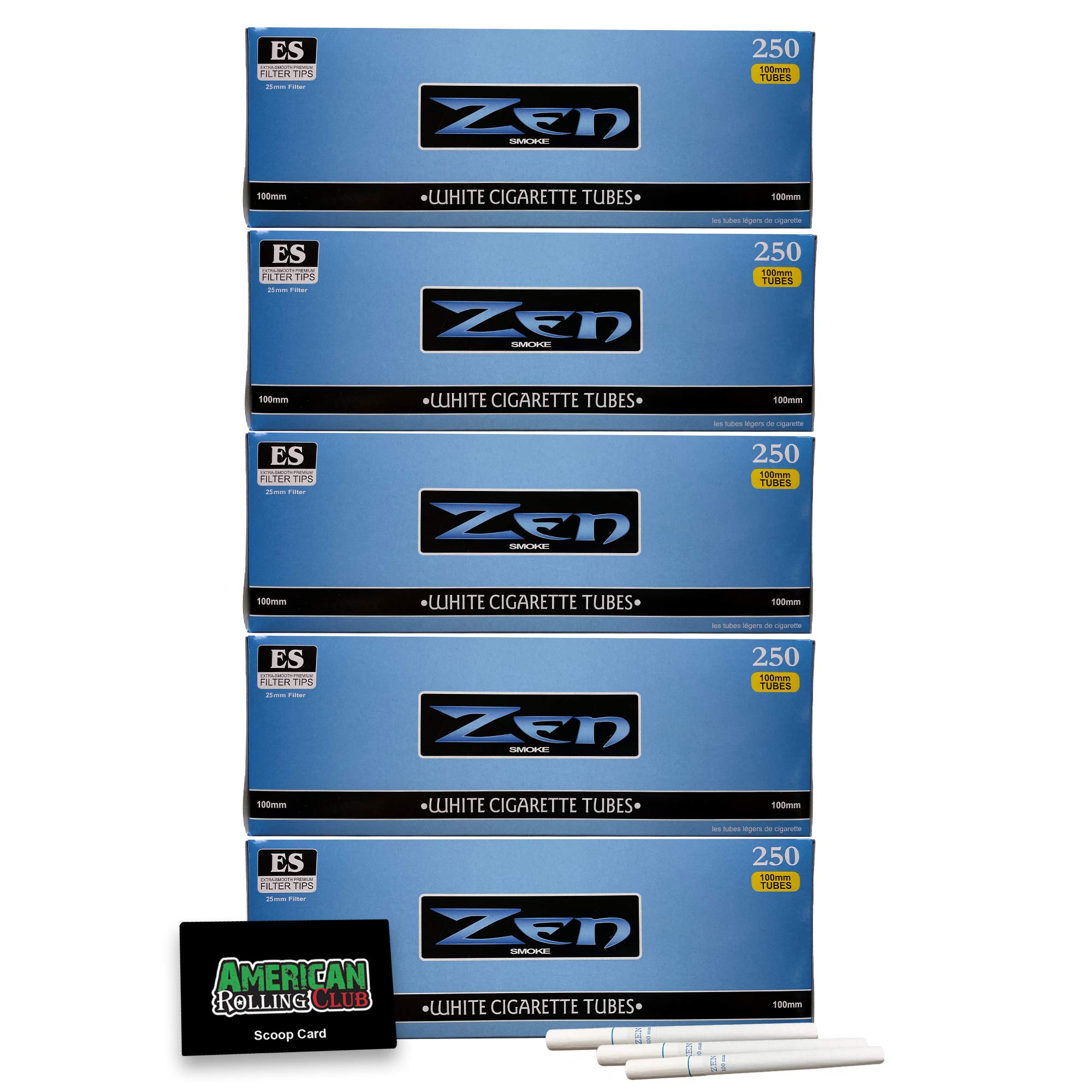 Zen Cigarette Tubes | Light | 100's | 5 Pack | 1250 Tubes | Includes American Rolling Scoop Card