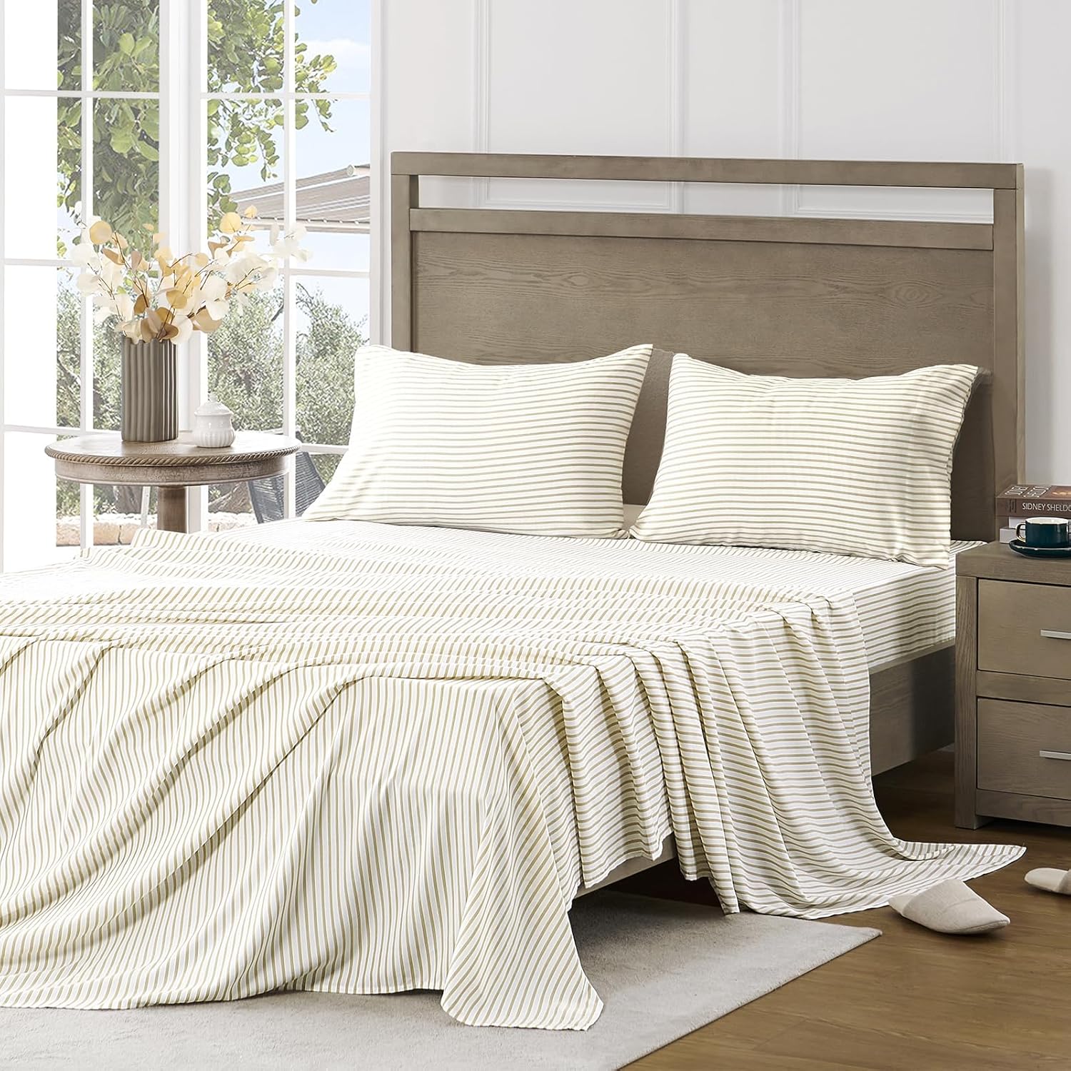 FreshCulture Queen Sheet Set - Ultra Soft Striped Sheets - Brushed Microfiber - Deep Pockets up to 16" - Easy Care - Hotel Luxury 4 Piece Striped Sheets Queen, Stripe Beige