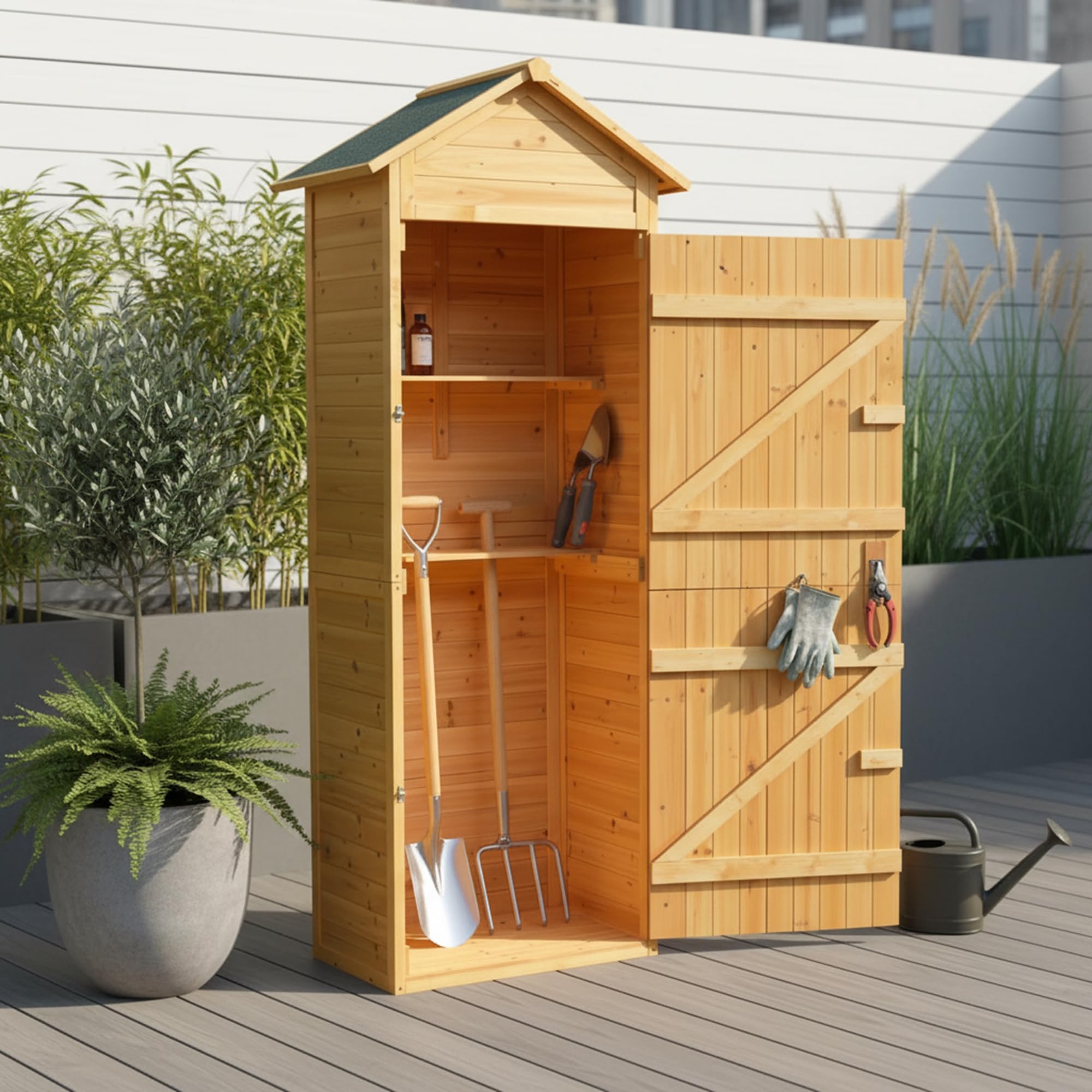 Mucola Gerätehaus mit 2 integrierten Regalböden 79x49x190 cm Geräteschuppen Gartenschrank aus Holz Geräteschrank Gartenhaus Gartengerätehaus