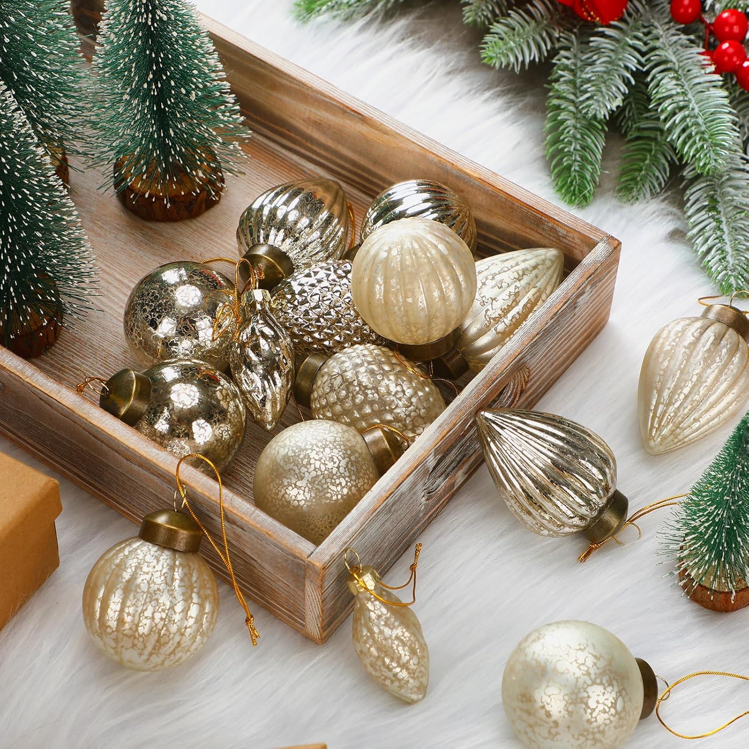 Sliner 30 Pcs Christmas Mercury Glass Ball Ornament Garlands with Fabric String Embossed Mercury Glass Ornament Xmas Vintage Bulb Garland for Home Wall Party Decoration(Silver)