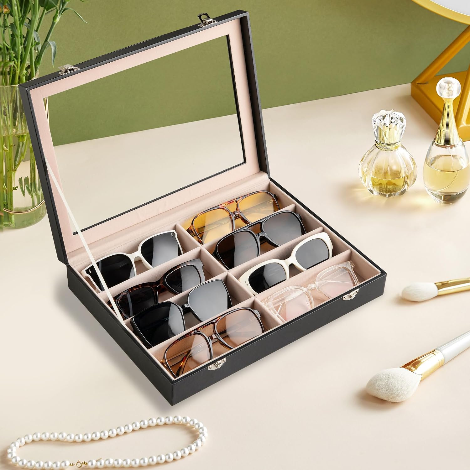 Frebeauty Sunglass Organizer,PU Leather Glasses Organizer,8-Slot Sunglasses Tray with Clear Lid,Men's/Women's Sunglasses Box,Sunglass Case,13.3x9.6x2.4 Inches,Eyeglass/Eyewear Display Tray(Black)