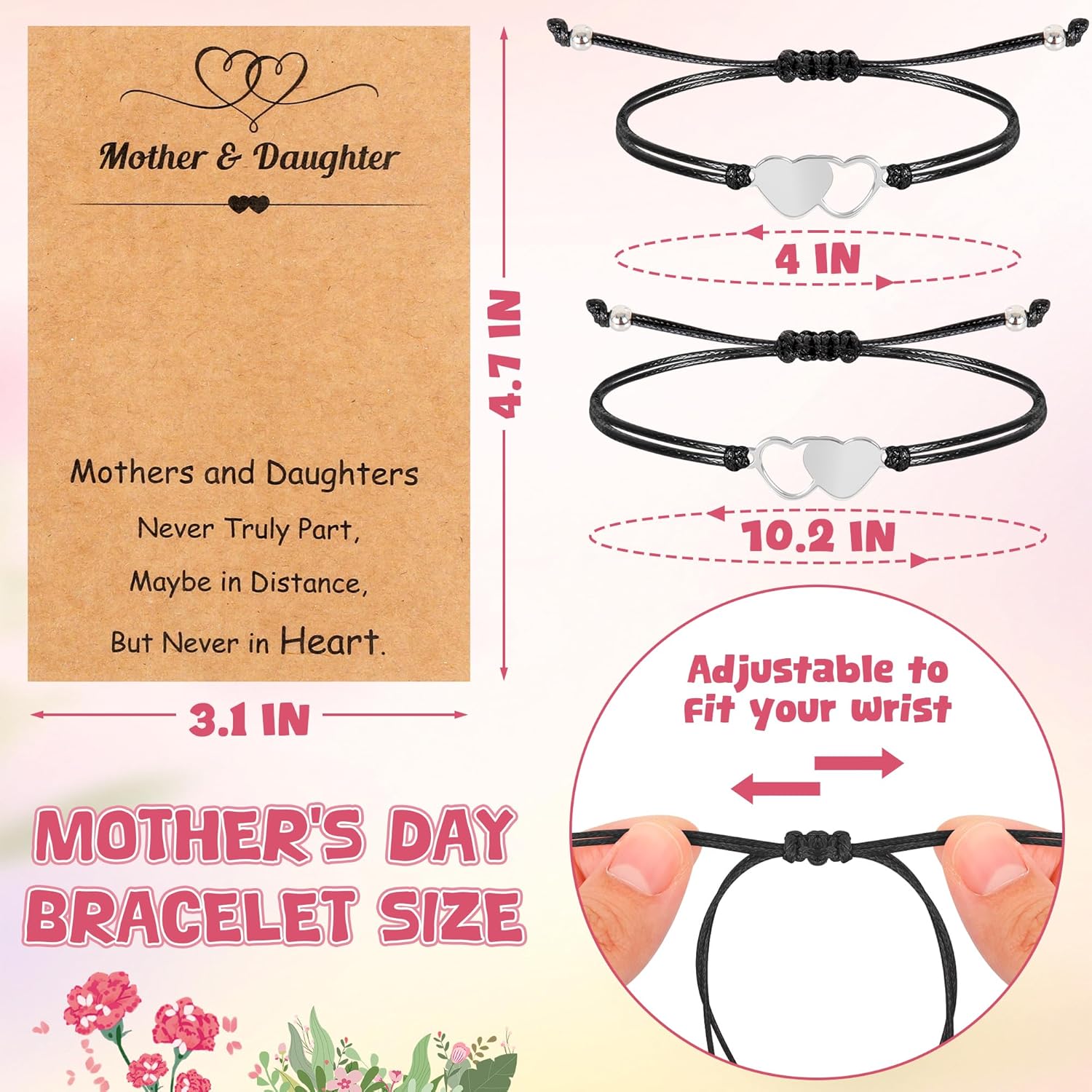 Christmas Gifts for Mom, Christmas Bracelets Adjustable Hearts Mother Daughter with Card, Love Mothers Day Gifts for Grandma Daughter Accessories - Image 2