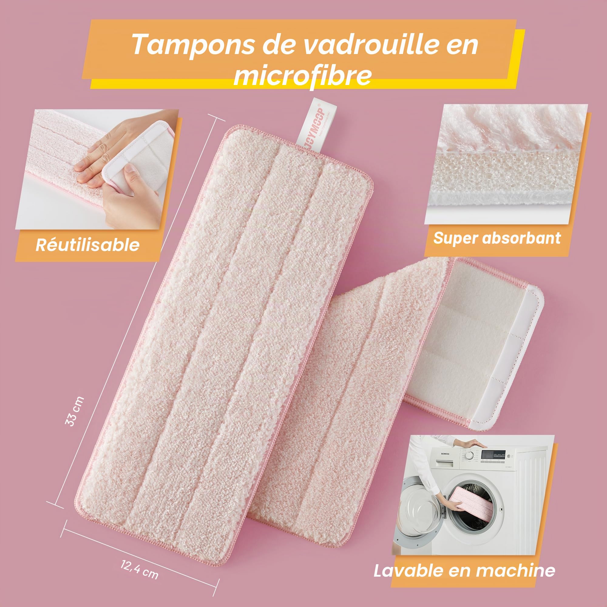JOYMOOP Serpillère et seau avec essoreuse, balai à main libre, serpillère de 152,4 cm avec 3 tampons microfibre réutilisables
