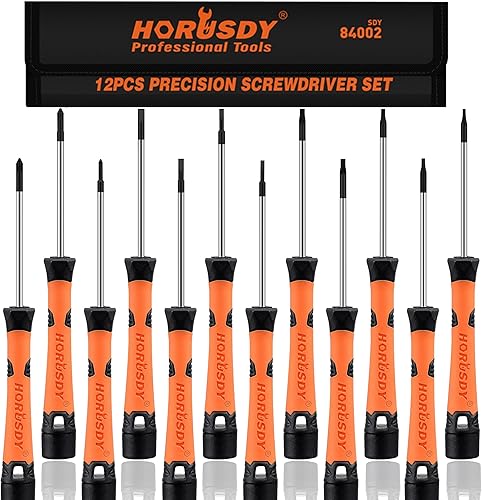 HORUSDY Juego de destornilladores de precisión de 12 piezas con bolsa, plano (116", 564", 332", 18"), Phillips (PH000, PH00, PH0), Torx (T5, T6, T7,