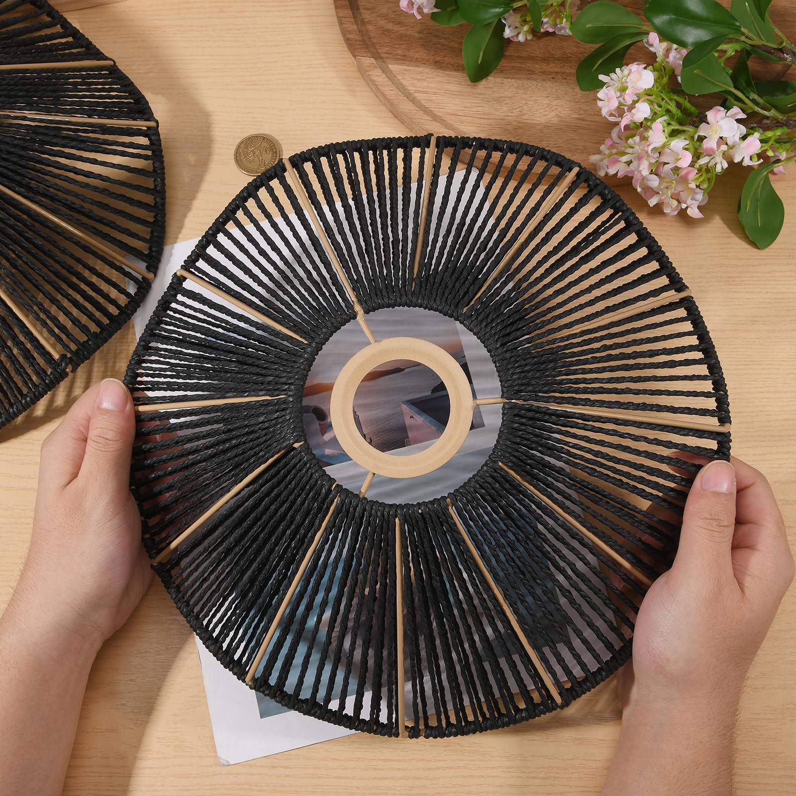 3 paralumi in rattan a forma di conchiglia, in carta intrecciata e ferro, stile bohémien, per soggiorno, camera da letto, cucina, sala da pranzo, 29,5 x 29,5 x 9,35 cm, nero
