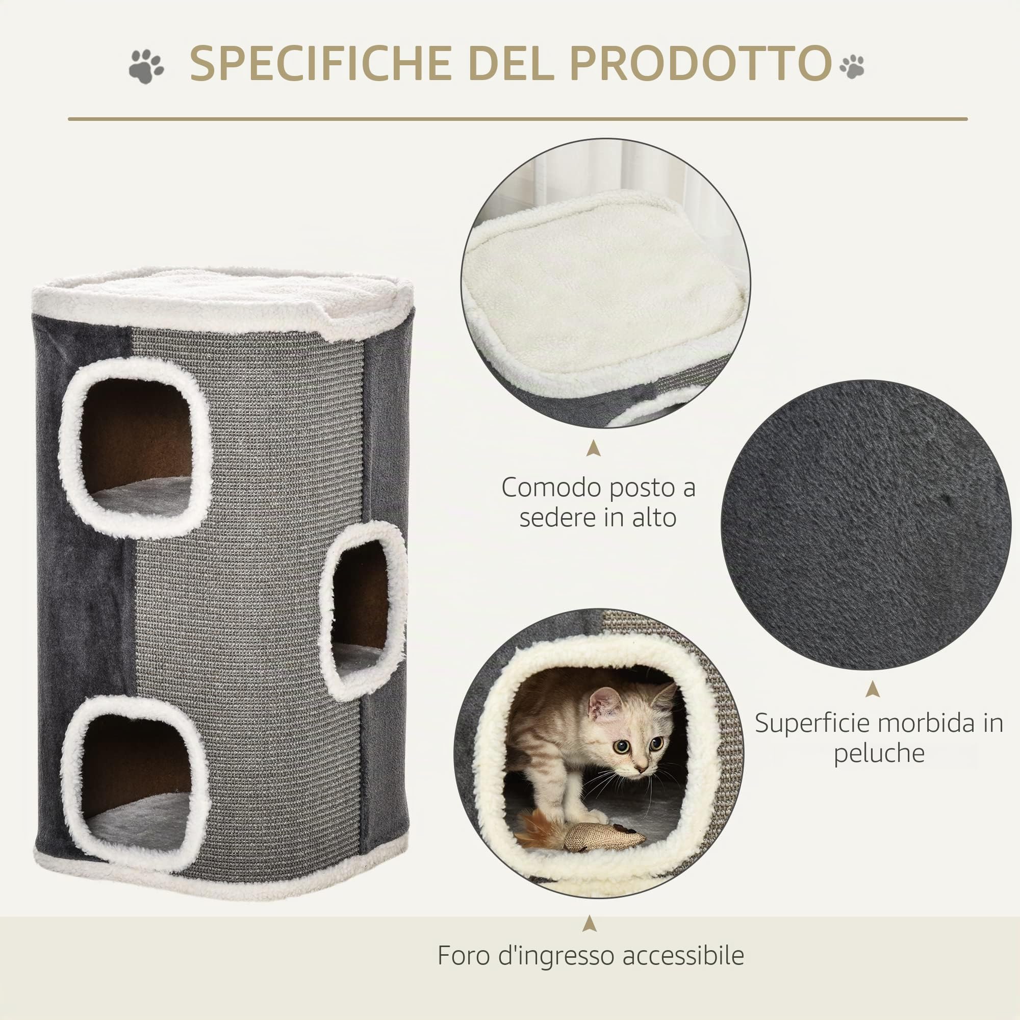 PawHut Albero per gatti con tiragraffi a botte, morbido peluche grigio | Telaio arrampicata per gattini, torre gioco, pile di agnello