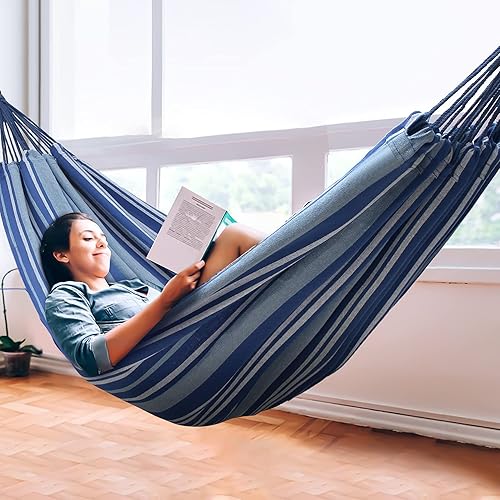 Miniatura 5 de NORIDA Hamaca interior de algodón para jardín con correas para colgar para colgar duradera hasta 450 libras, portátil con bolsa de viaje, tela