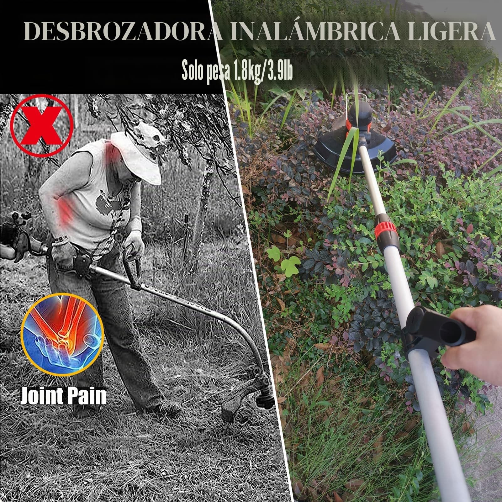 Desbrozadora Bateria 24V BRUSHLESS Desbrozadora con Cepillo de Malezas, Cepillo de Malezas, 2 Baterías 4,0Ah, Corte Φ30cm, Ruedas, 4 en 1 Multifuncion Cortabordes Bateria, Cortacesped