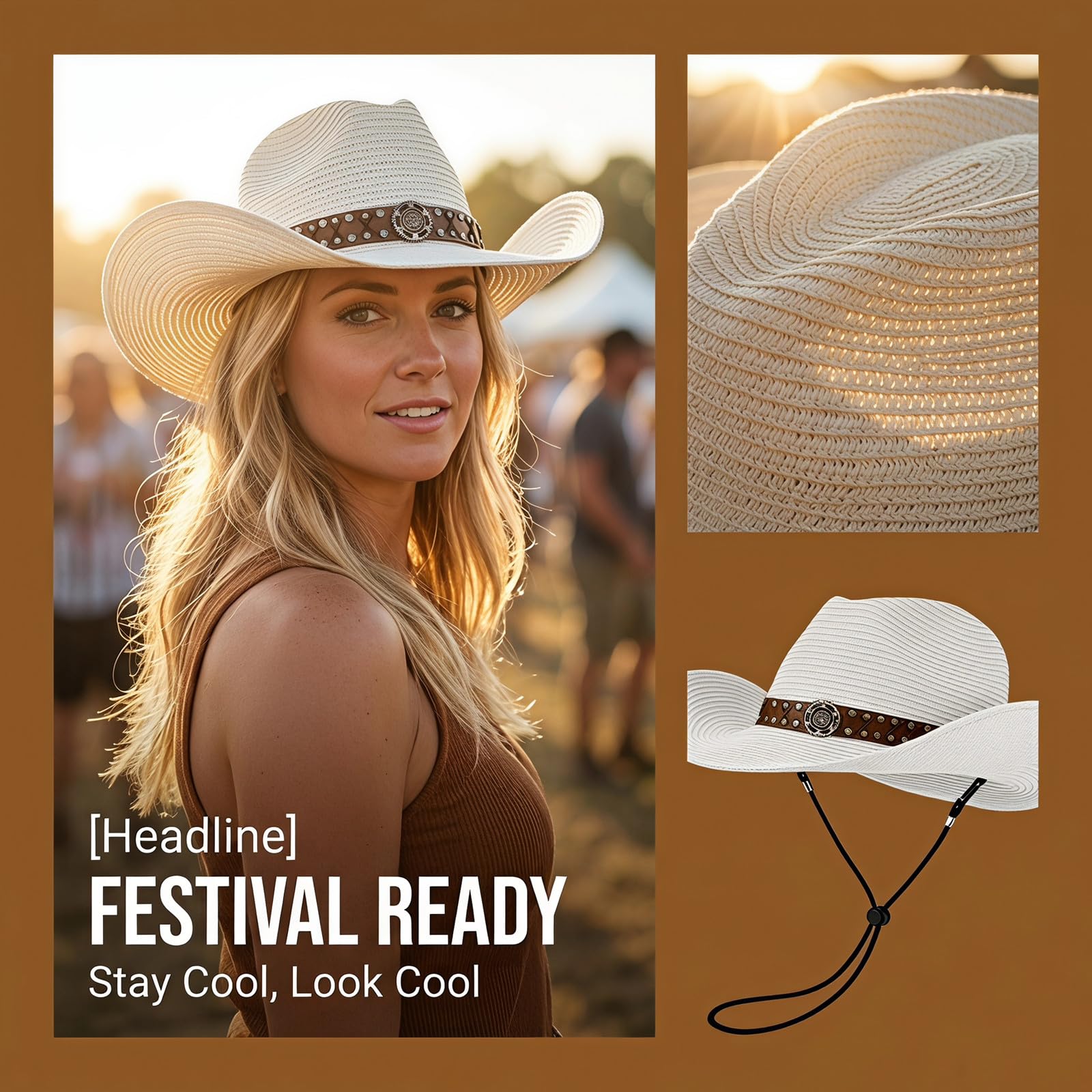 HEYANN Chapeau de cowboy en paille pour homme et femme - Chapeau de soleil pliable - Coupe-vent - Avec mentonnière - Respirant - Protection UV - Pour plage, jardin et extérieur