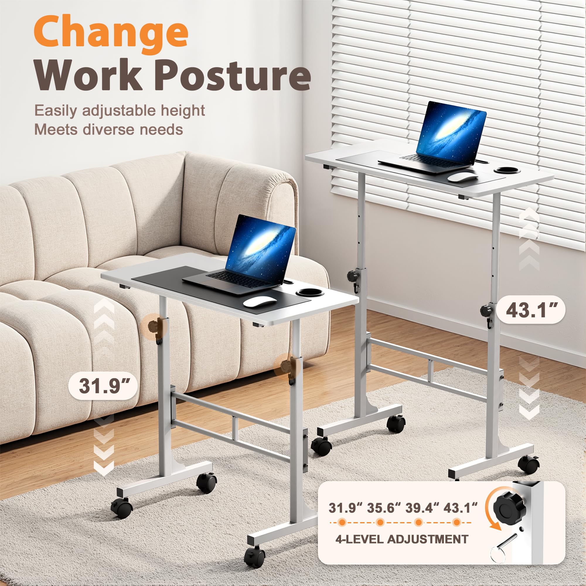 Shahoo Standing Desk Adjustable Height Mobile Stand Up Desk with Wheels 32 Inch Portable Rolling Desks Computer Office — view 7