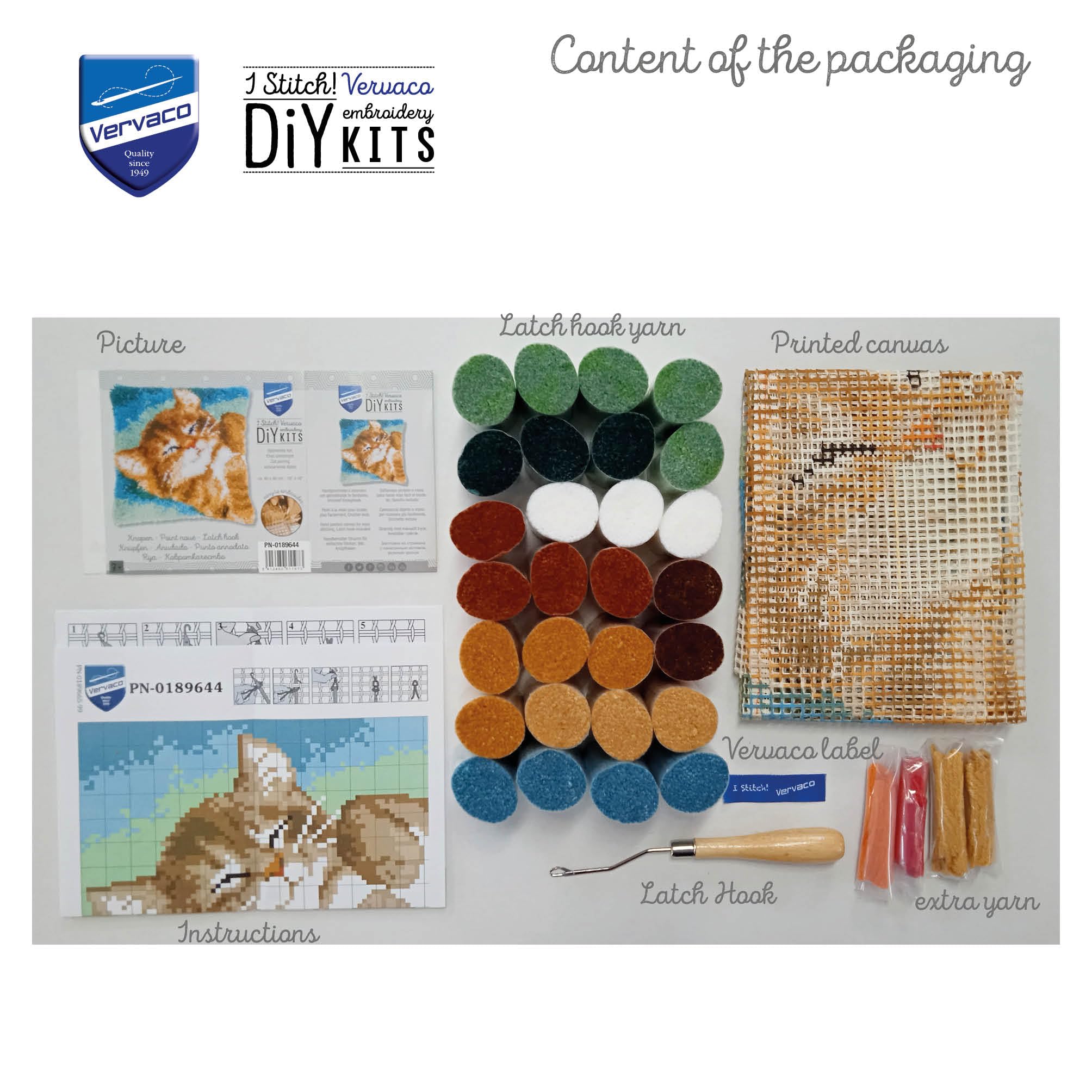 VERVACO Latch Hook Kit Zestaw Poduszka MRUCZĄCY KOT Haft Dywanowy dla Początkujących 40 x 40 cm Zrób to Sam Zestaw Kreatywny dla Dorosłych DIY Puszysta Dekoracja
