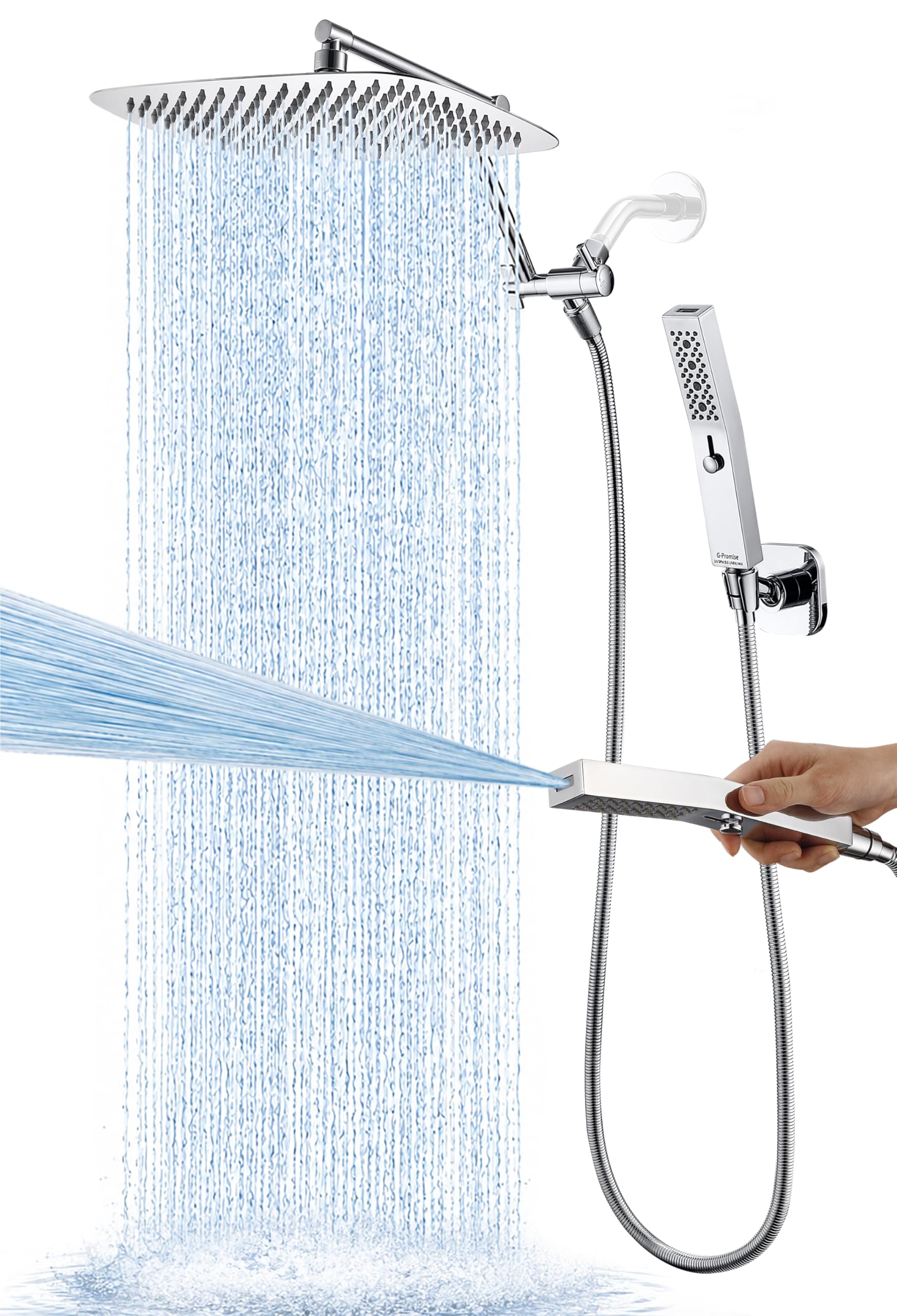 Pomme de douche à effet pluie grand format et douchette haute pression sans trou de perceuse