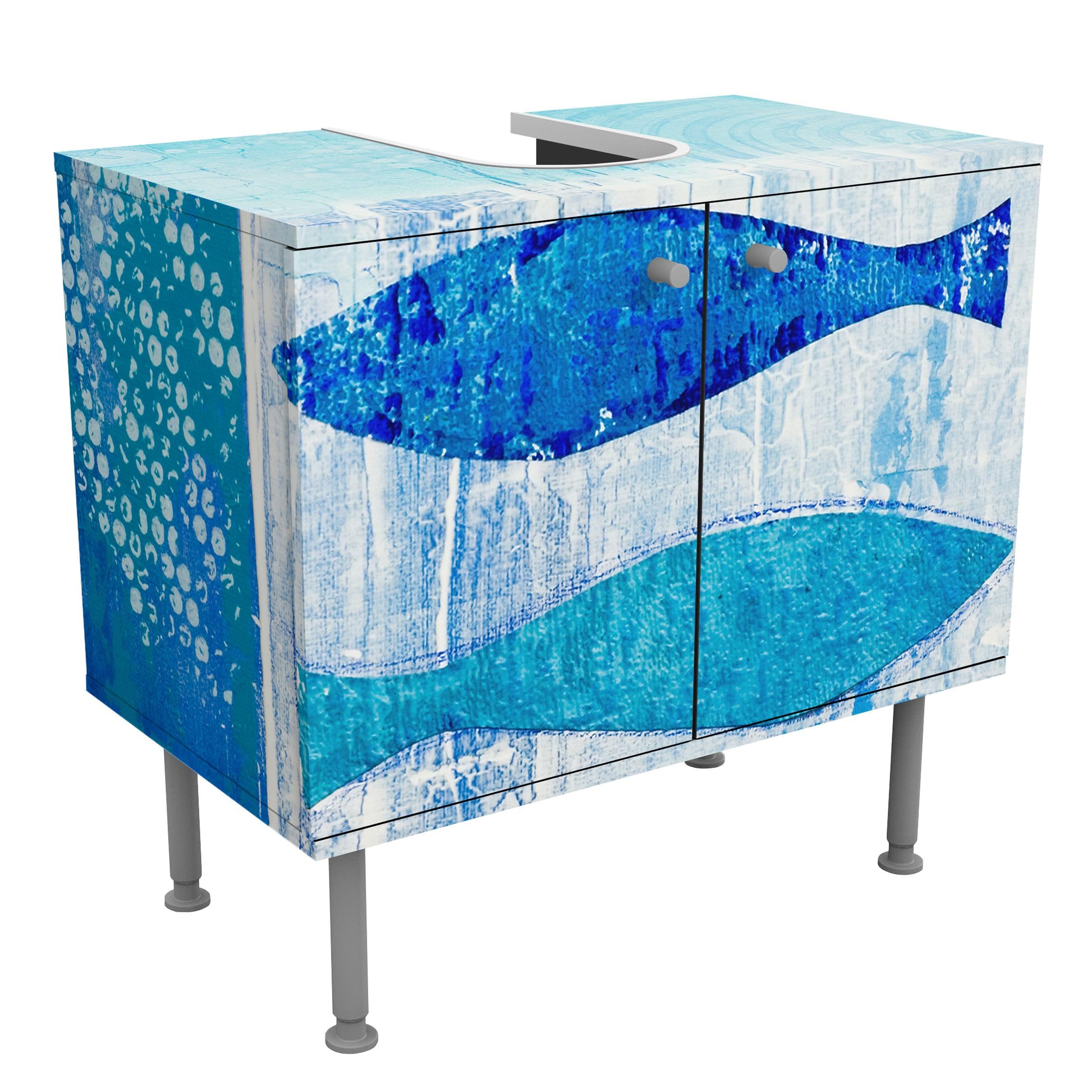 Waschbeckenunterschrank 2 Türen Kunst höhenverstellbar mit Füßen - 60er Breite - Fische Malerei Unterschrank blau Bad Gäste WC Möbel mit Motiv 1680