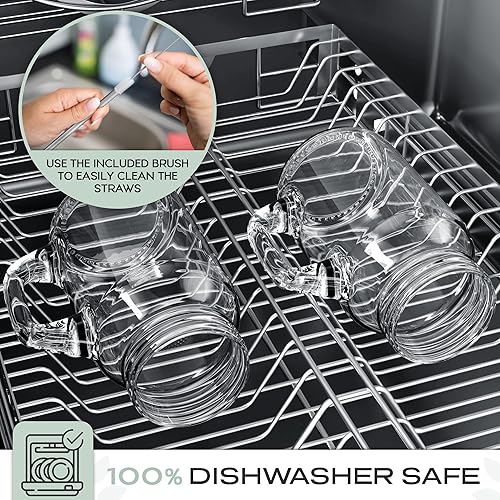 Miniatura 5 de Juego de 4 tazas de tarro Mason de 20 onzas con asas, tapas, pajitas y cepillo de limpieza, tazas de avena y café helado durante la noche