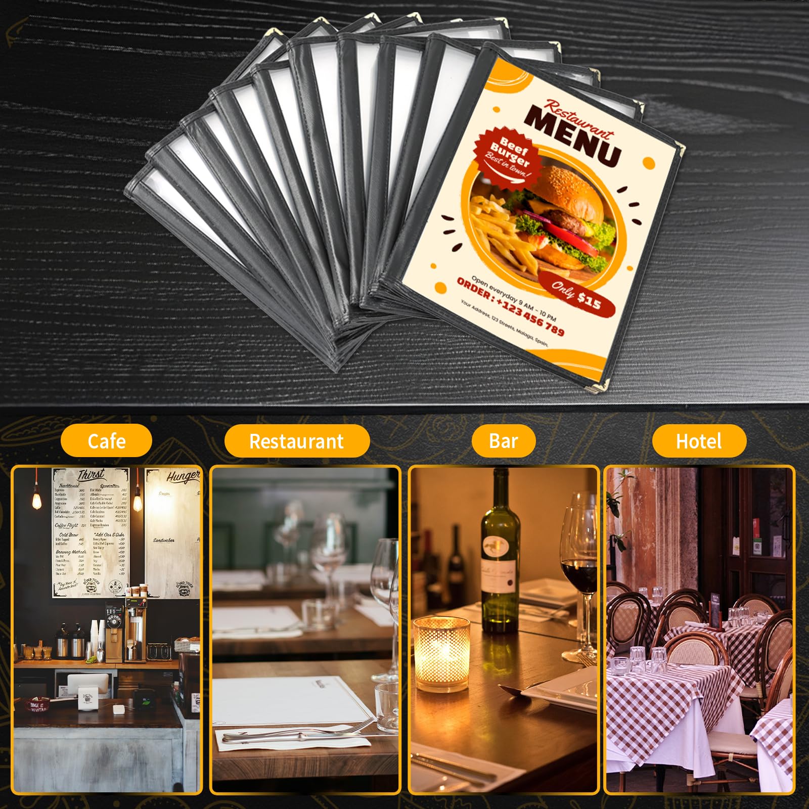 Juego de 12 fundas de menú, 1 página de 2 vistas, transparentes, fundas de menú de 21,6 x 27,9 cm, libros de menú para papel de tamaño A4, perfectas para restaurantes, bares, cafeterías y