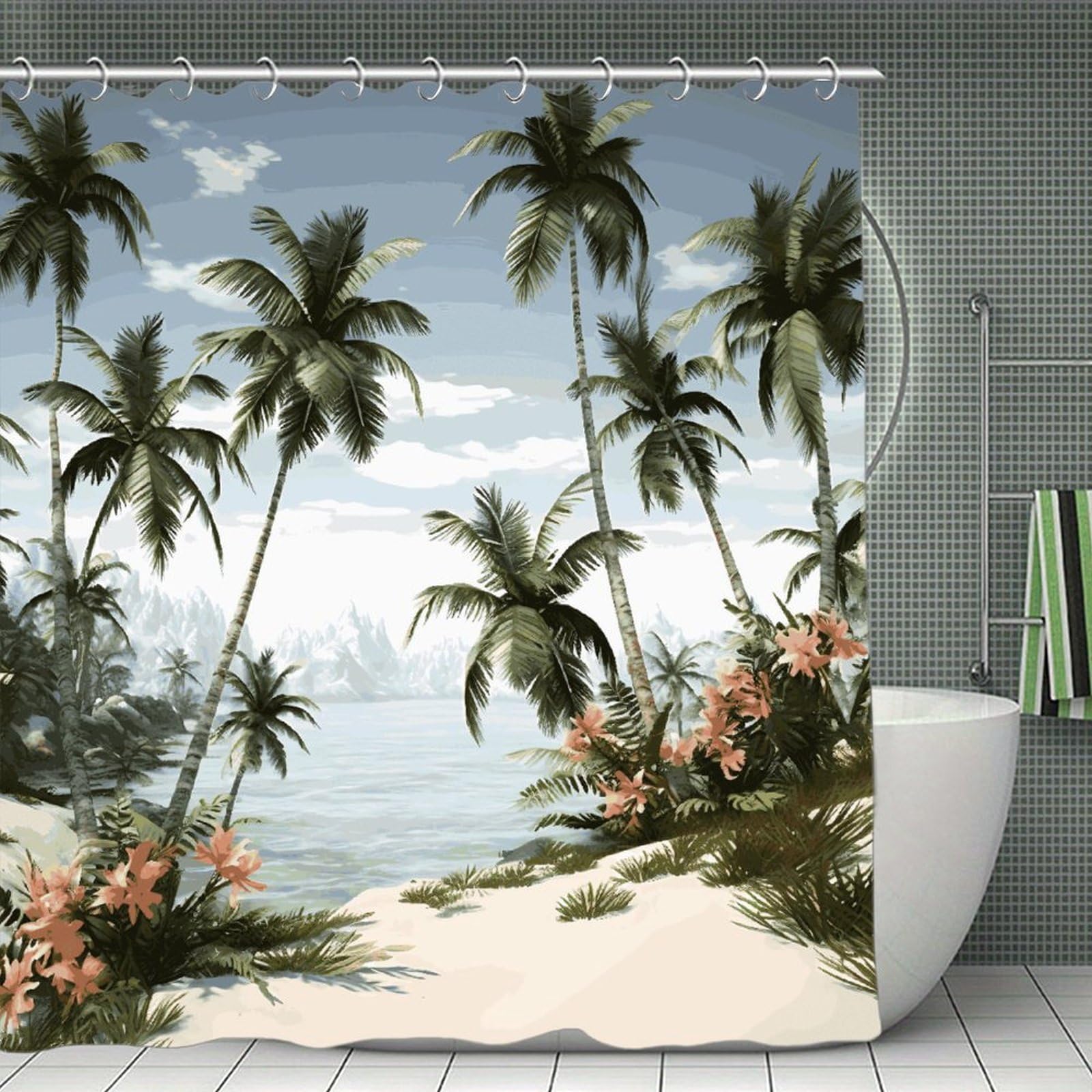 VstaDank Tropical Palm Trees Bath Curtain Elegant Heavy Duty Shower Curtains 70x70 in Rustic Farmhouse Cloth Shower Curtains Neutral Modern Bath Curtain for Bathroom