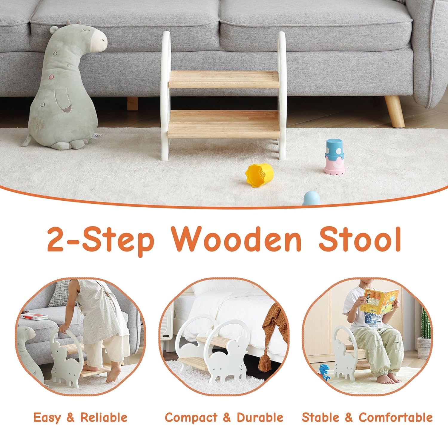 Wooden Step Stool for Toddlers,Cute Elephant Design,Stable for Daily Use,Bamboo 2 Step Stool for Bathroom,Sink,Bedroom(Beige)