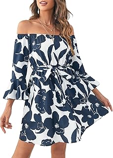 Off Shoulder Ruffle Dress for Women, A-Line Mini Dress with Belt, Fitted Bust Summer Wedding Guest Dress