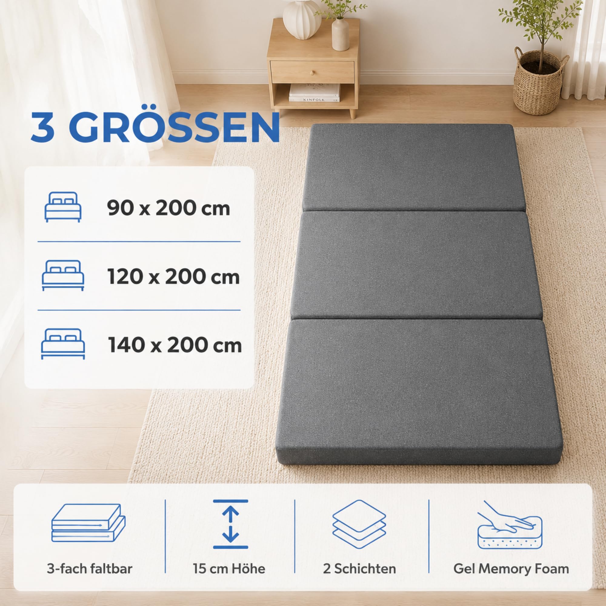 Arensberger Luisa Klappmatratze 140x200 cm | Gel Memory Foam, 15cm, OekoTex