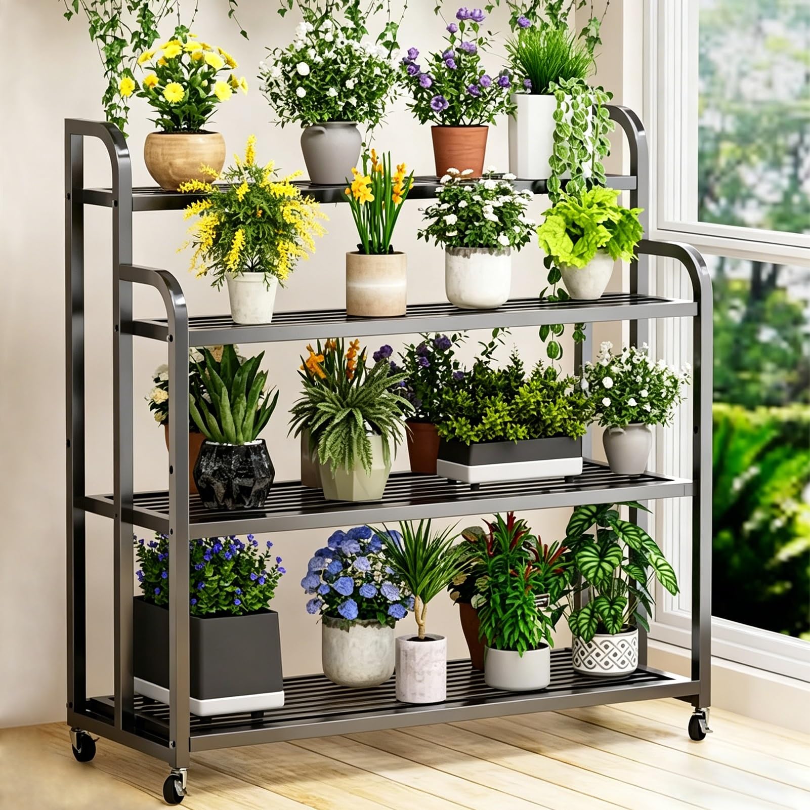 DMCHENGMA Plant Stand Shelf with Wheels 4 Tiers Ladder Shape Garden Black Metal Iron Ladder Decoration Shelving Outdoor Flower Plant Pot Holder(100x40x120cm)