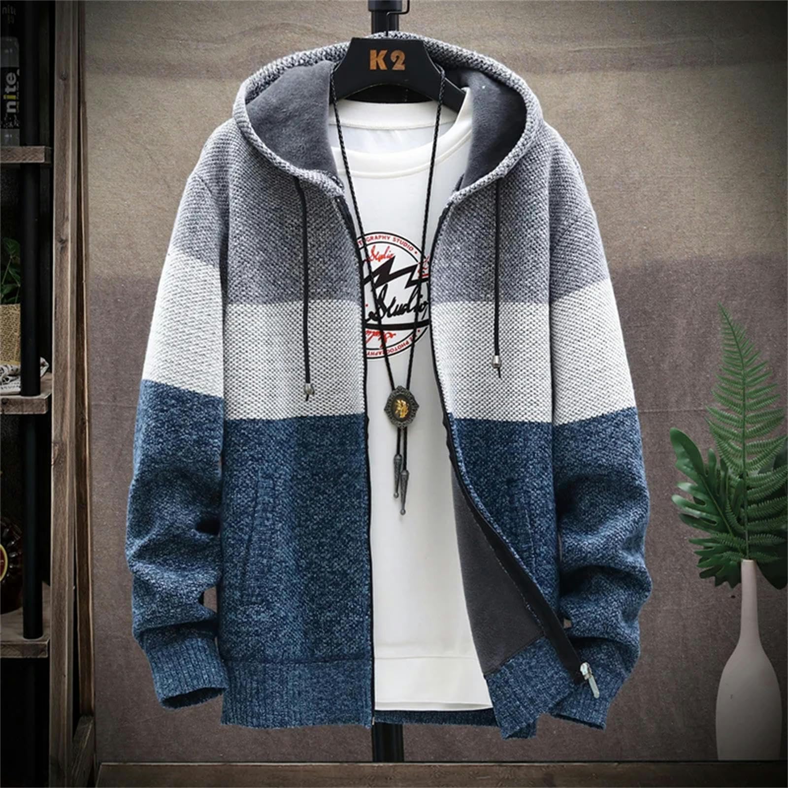 Sweter męski zimowy ciepły dzianinowy sweter z dzianiny duży rozmiar luźny sweter z kapturem 4xl-niebieski-3xl 80-85 kg