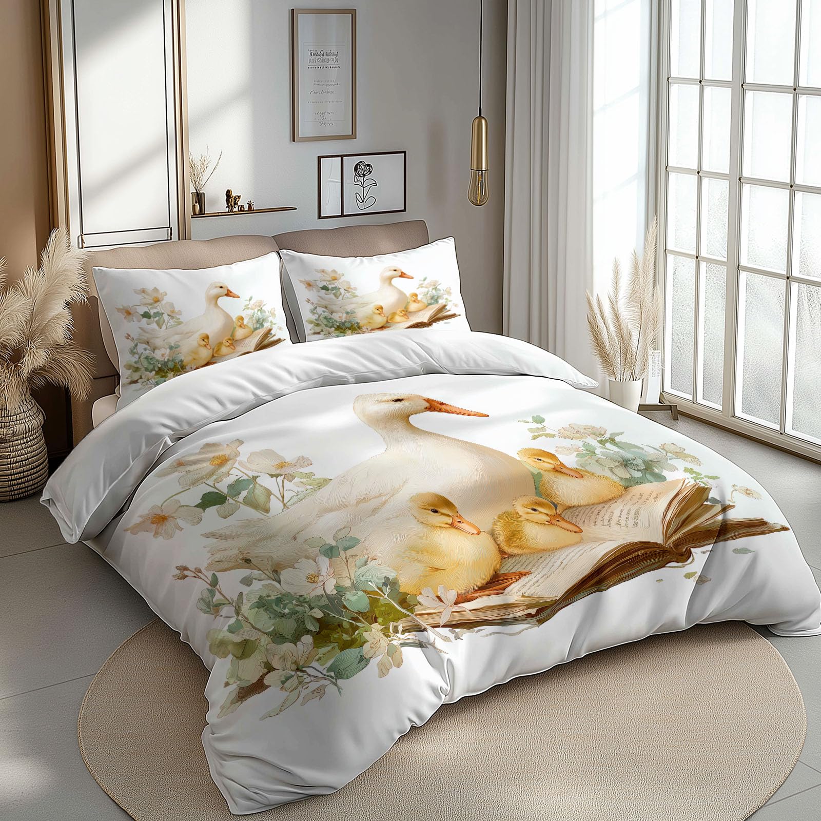 Set copripiumino matrimoniale beige, disegnato a mano, stile rurale, animali, anatre, in morbida microfibra, con chiusura a cerniera e lacci angolari, facile da pulire, set di biancheria da letto di