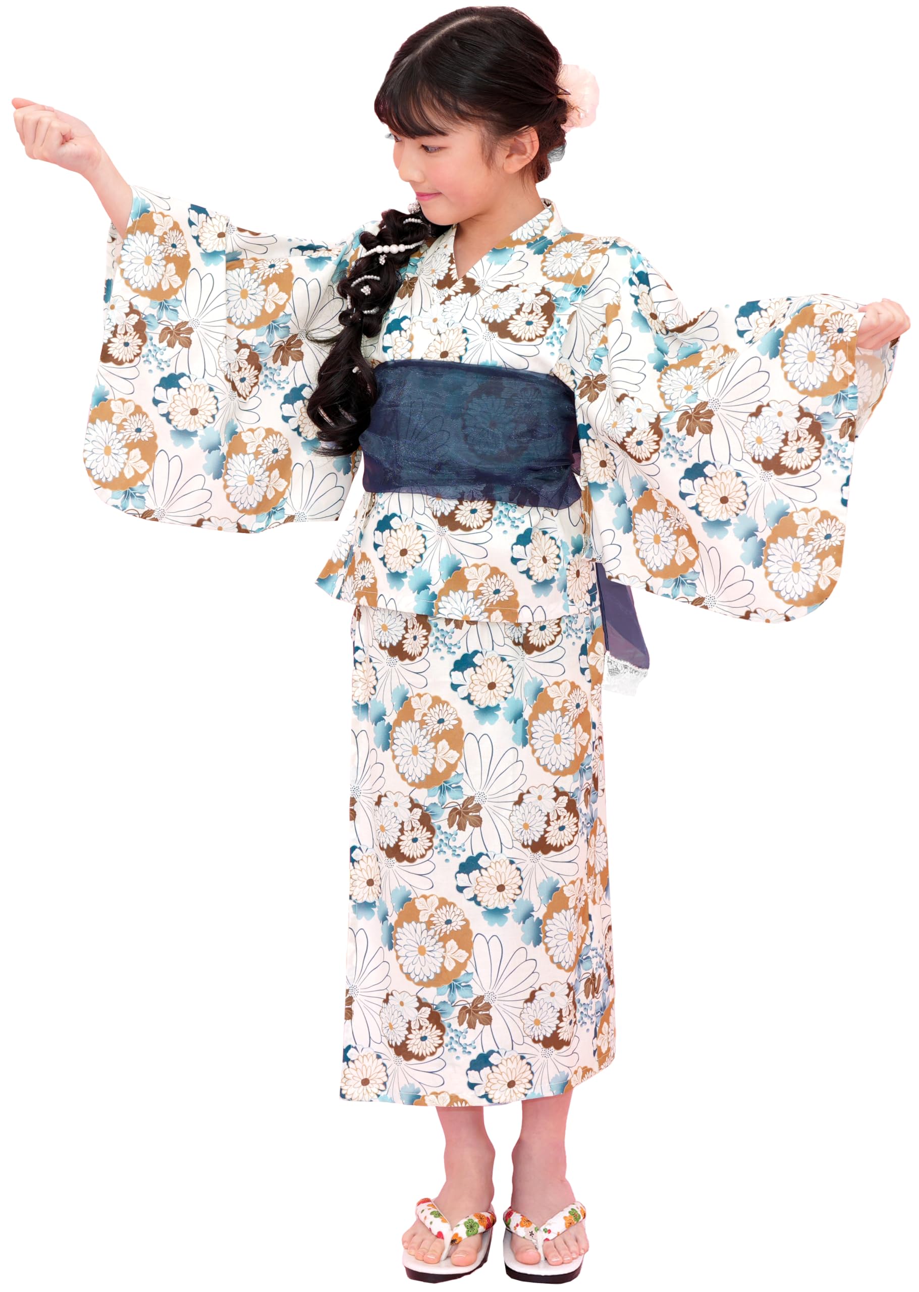 [Bee] ビー 簡単着付け ワンピースにもなる浴衣 3点セット 2WAY セパレート キッズ ガールズ 女の子 夏 saa01400 130cm 白地×丸菊