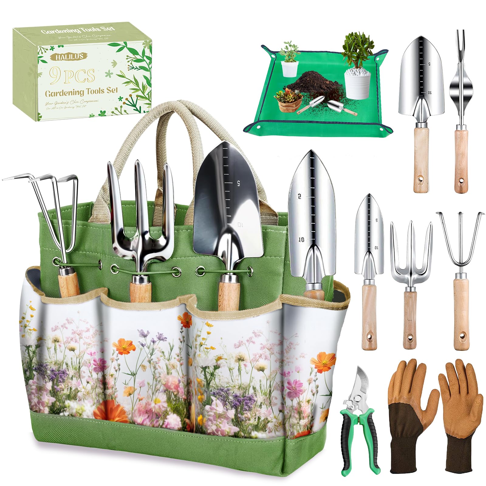 halilus 9-Piece Garden Tool Set Green