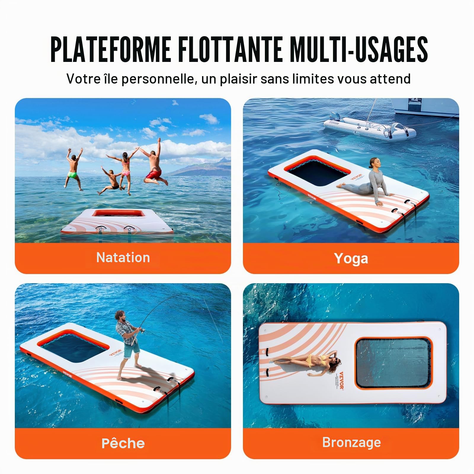 VEVOR Quai flottant gonflable, 4,57 x 1,98 m plate-forme de quai gonflable avec piscine maille 1,21 x 1,82 m, tapis d'eau antidérapante avec sac portable et échelle amovible pour détente piscine plage