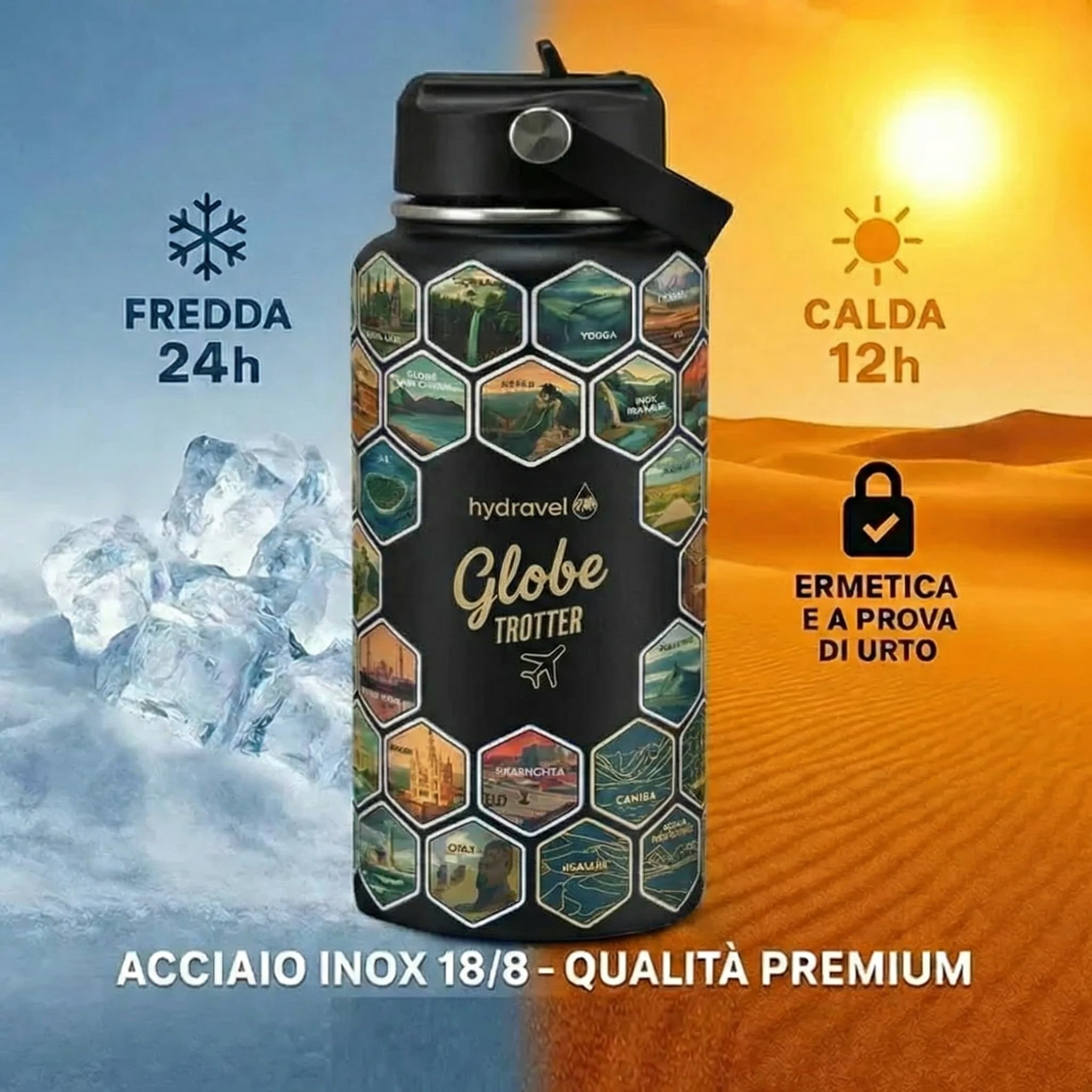 HYDRAVEL - Borraccia Termica GLOBE TROTTER con 50 Adesivi dei Posti più BELLI del Mondo - Ottima Idea Regalo per Viaggiatori - 1 LT, Acciaio Inox, bevande Calde per 12h/Fredde 24h (Nero) - 5