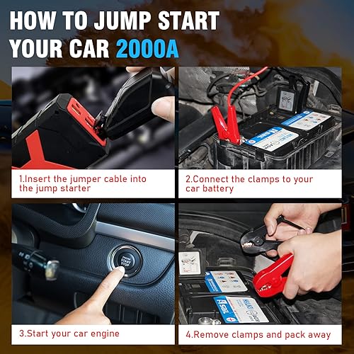 Miniatura 7 de Arrancador de batería de coche de 2000 A, 12 V arrancador de coche portátil para 8.0L de gas y 6.5L diésel, batería de reserva de 20000 mAh con USB