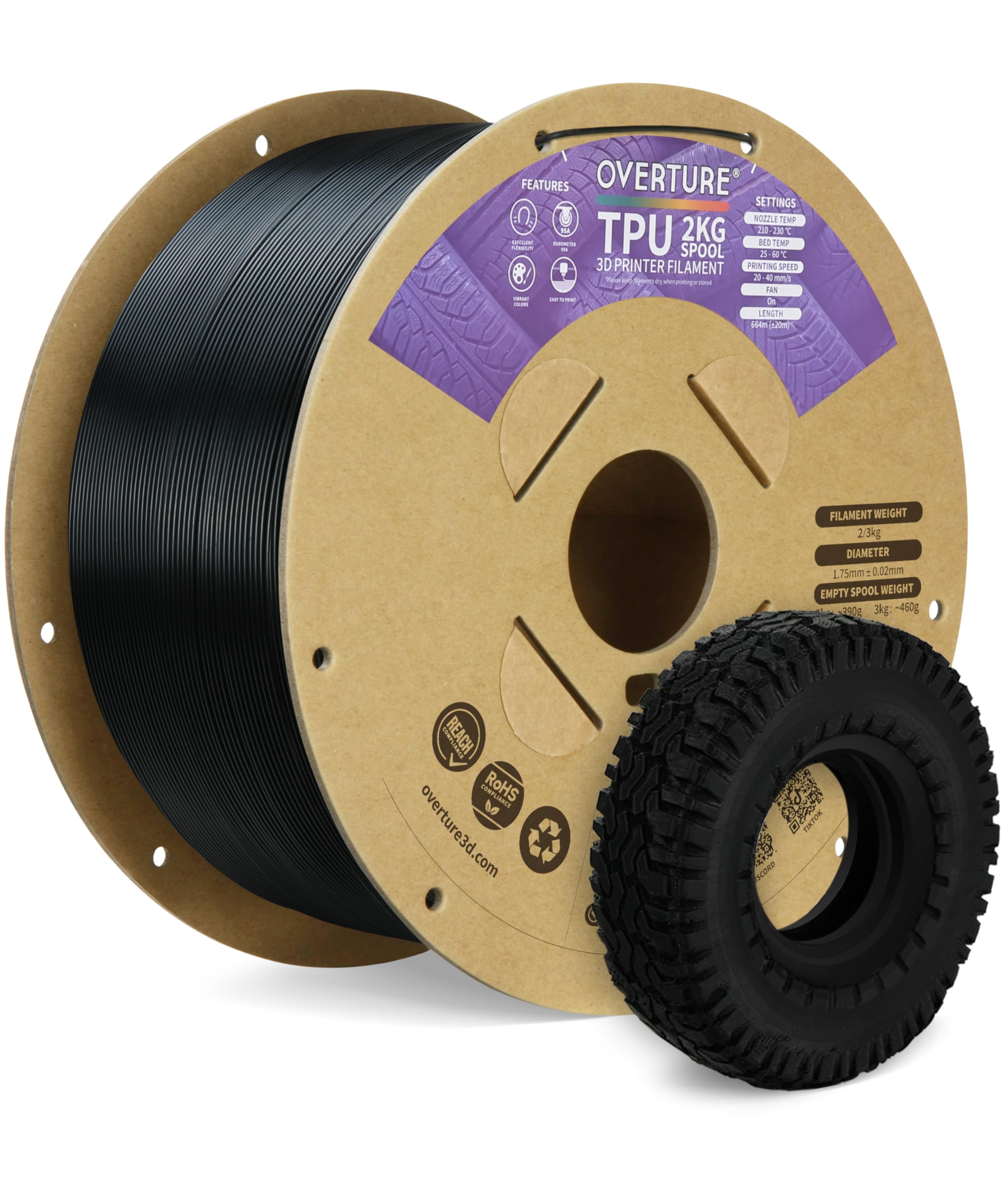OVERTURE Filamento TPU 2kg, 1.75mm Flessibile TPU Filamento per Stampante 3D, Elevata Liquidità, Precisione Dimensionale +/- 0.03 mm, per Stampante 3D (Nero 2kg*1)