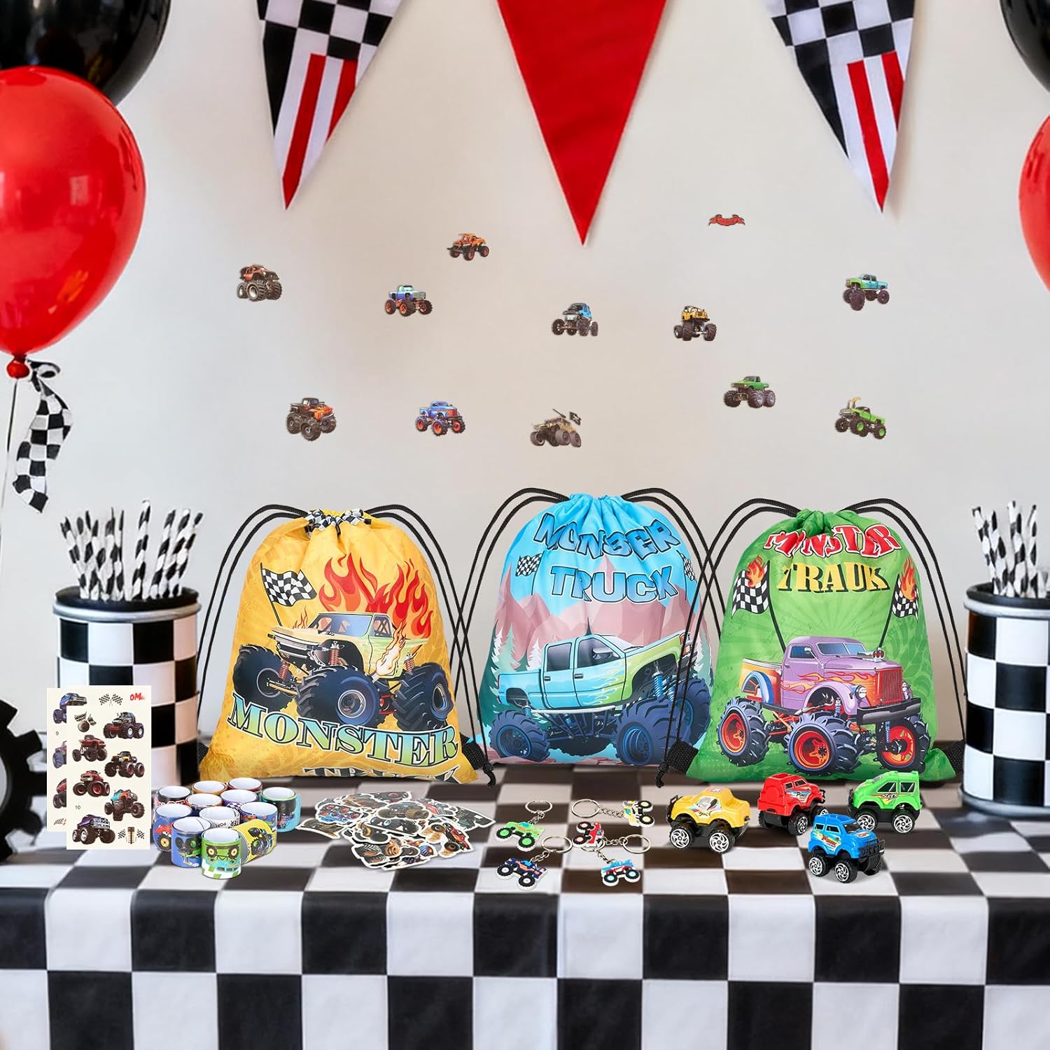 110pcs Monster Truck Party Favors, Monster Truck Birthday Party Decorations Including Drawstring Bag Keychain DIY Stickers Slap Bracelet Goodie Bag Stuffers Car Theme Birthday Party Supplies