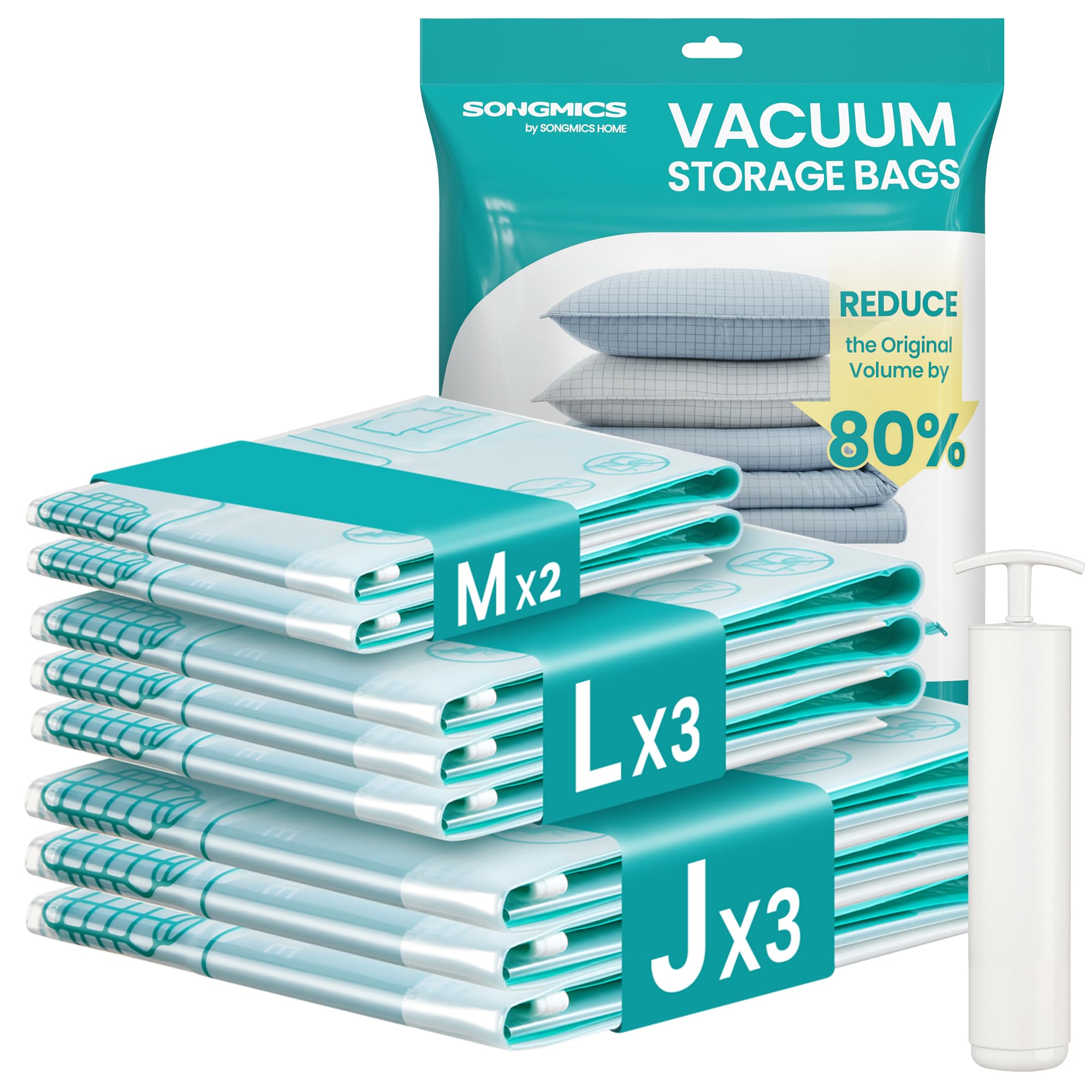 Songmics Transparent Vacuum Storage Bags, Vacuum Seal Suction Bags For Clothes Bedding Travel, Space Saver Reusable, With Hand Pump, 8 Pack, 2M/3L/3J, Lvb105w101